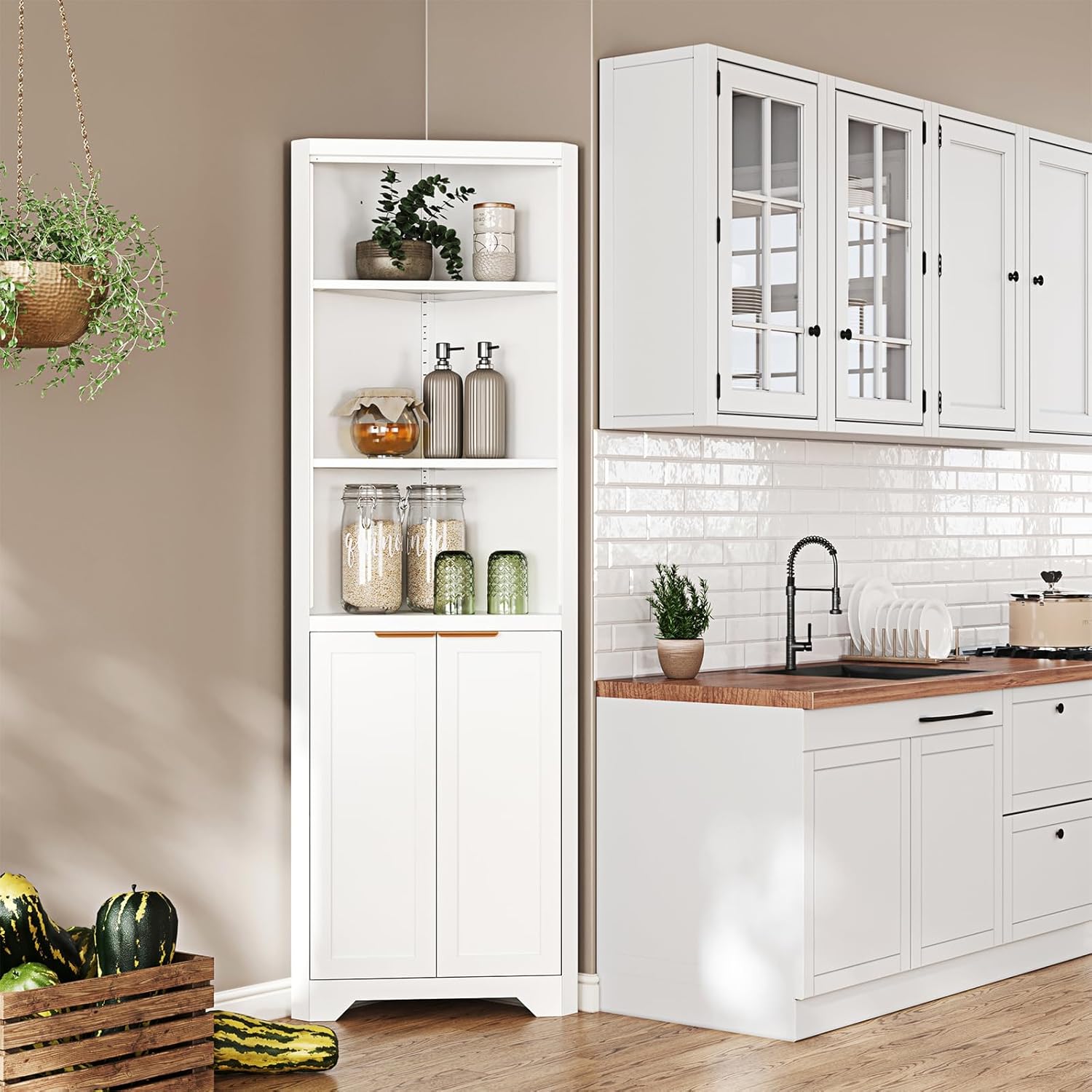 Corner Storage Cabinet with 2 Doors and 3 Shelves,Metal White Tall Corner Cabinets for Home Kitchen