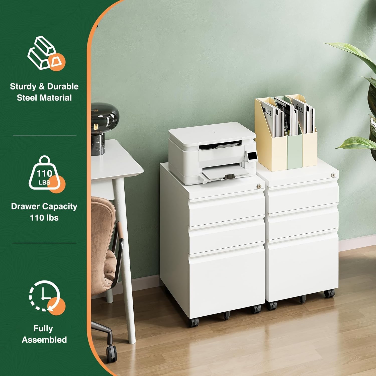 3 Drawer Mobile File Cabinet with Lock,Under Desk Metal Filing Cabinets for Home Office Organizer Letters/Legal/A4((Fully Assembled-Black)