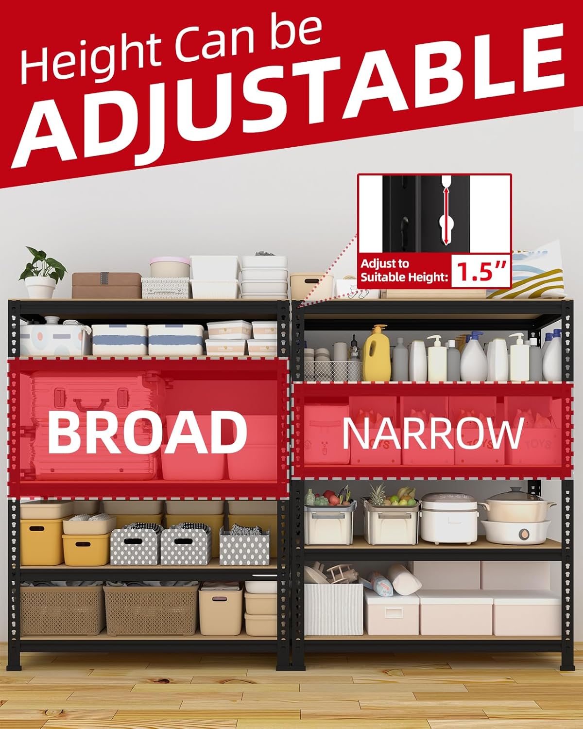 5-Tier Heavy Duty Metal Storage Shelves, Adjustable Utility Rack for Garage, Pantry & Closet, 28"W x 12"D x 59"H, Black