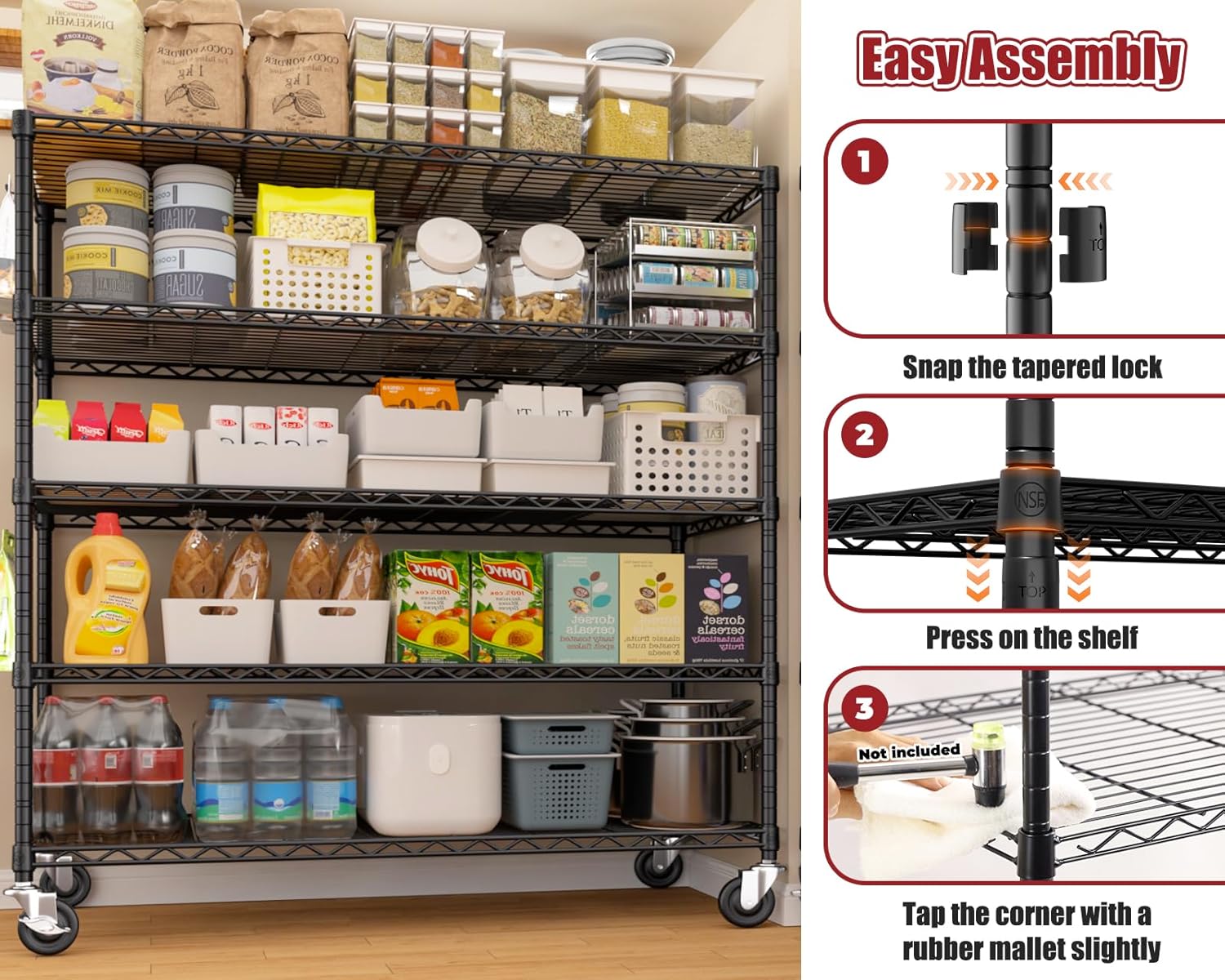 4-Tier Heavy Duty Wire Shelving with Wheels, Adjustable NSF-Certified Rolling Storage Rack for Garage & Pantry, 60"W x 24"D x 76"H
