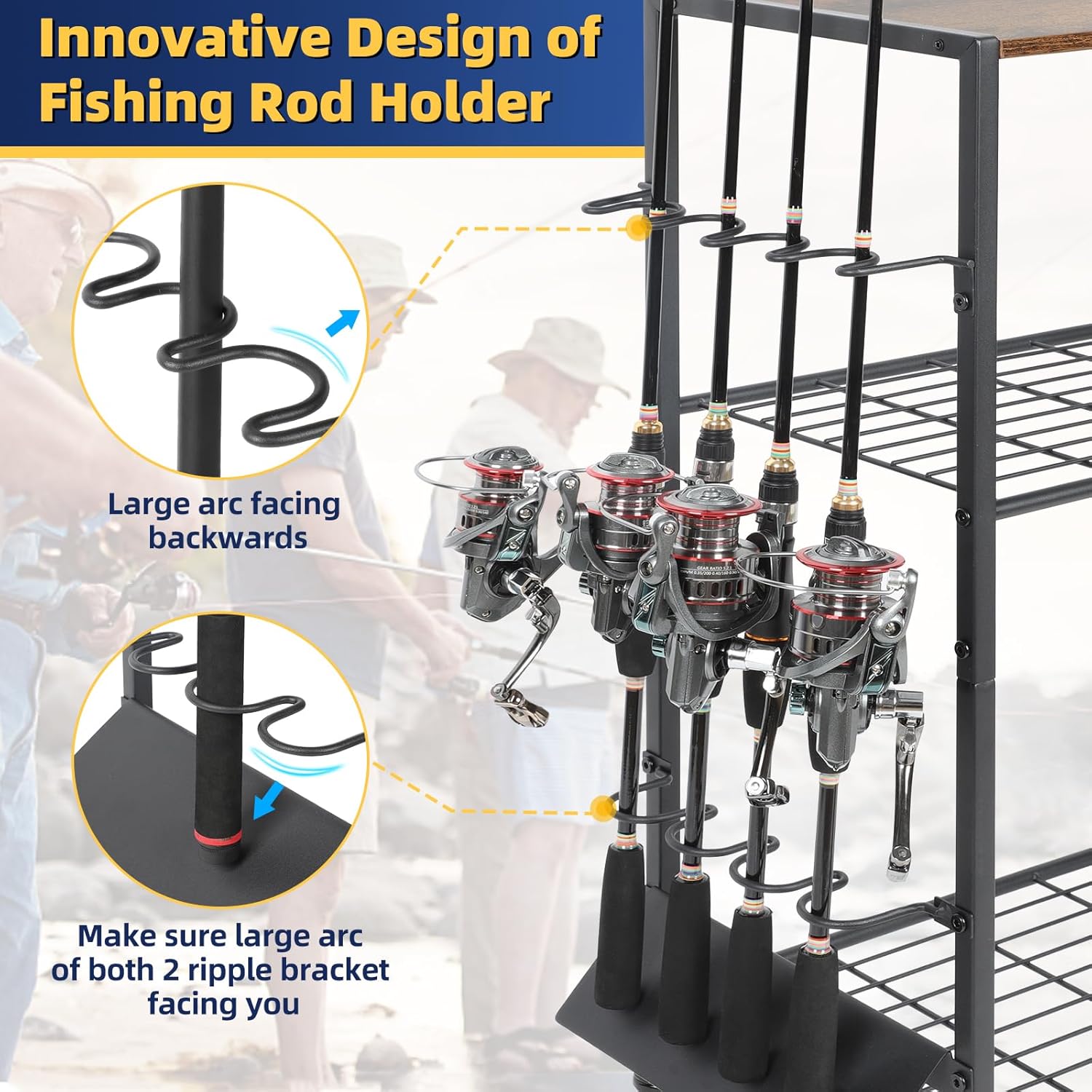 Fishing Rod Holders for Garage, Fishing Pole Holders Rolling Cart with Tackle Storage Organizer for Boat Home Entryway, Equipment Box & Reel Organization, Ideal Gift for Men Dad Anglers