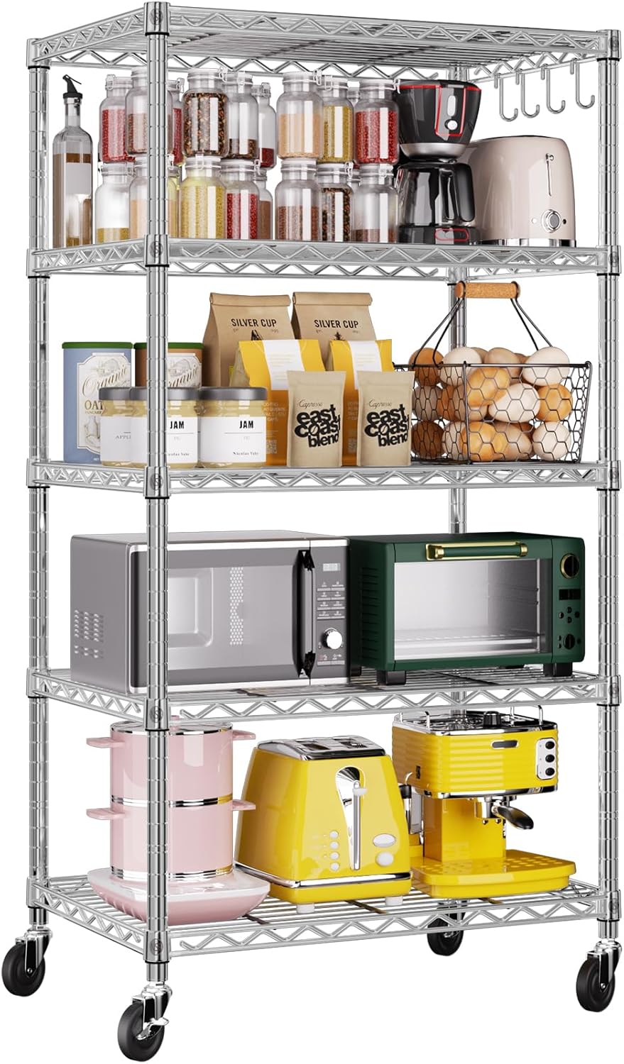 5-Tier Heavy Duty Wire Shelving with Wheels, Adjustable NSF-Certified Rolling Storage Rack for Kitchen, Garage & Laundry, 36"W x 14"D x 74"H