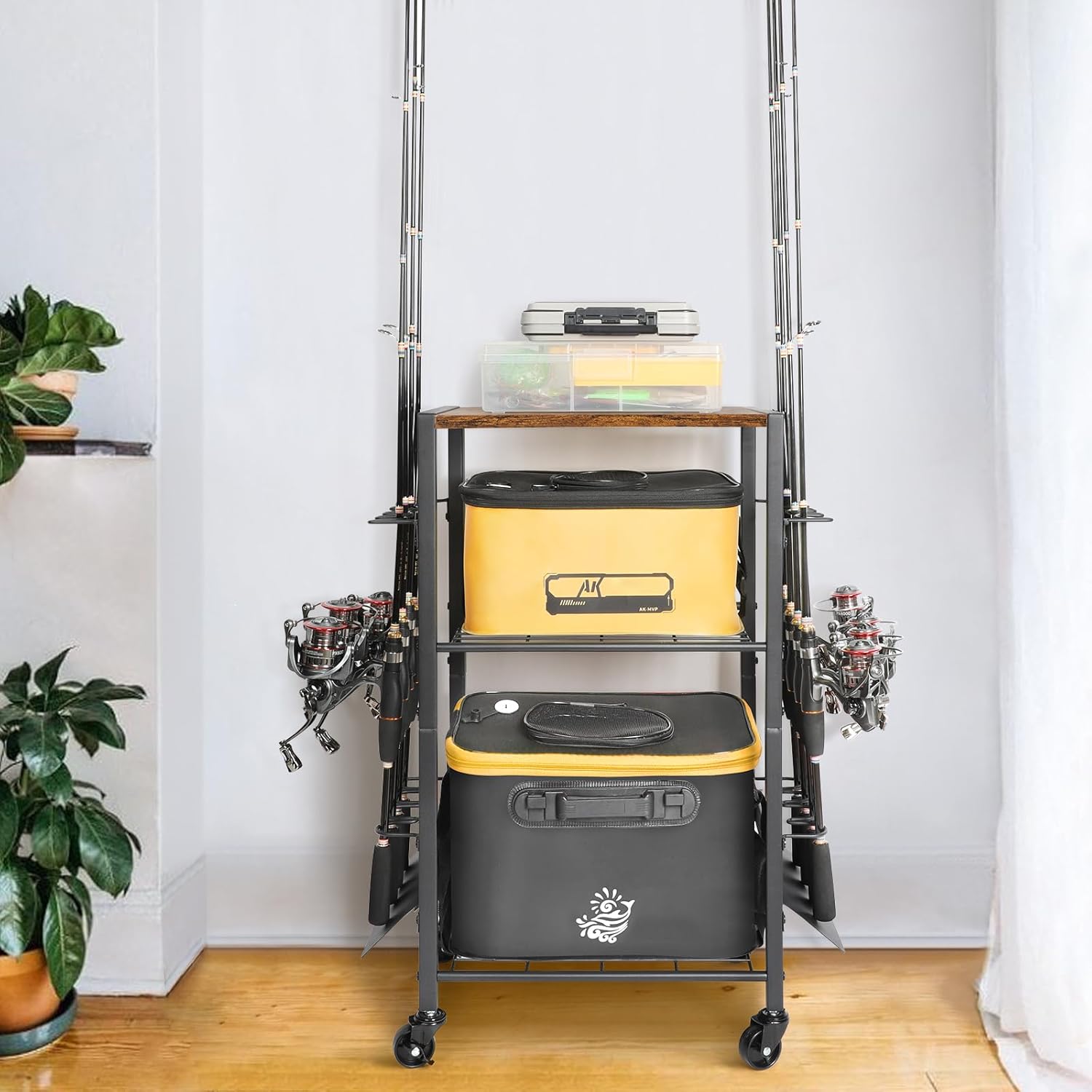 Fishing Rod Holders for Garage, Fishing Pole Holders Rolling Cart with Tackle Storage Organizer for Boat Home Entryway, Equipment Box & Reel Organization, Ideal Gift for Men Dad Anglers