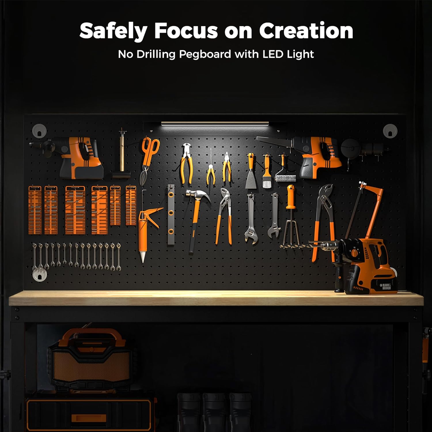 48" Adjustable Heavy Duty Workbench, 2000 lbs Load Rubberwood Work Table with Storage Shelf, Pegboard, LED Light & Power Strip for Garage & Woodworking Shop