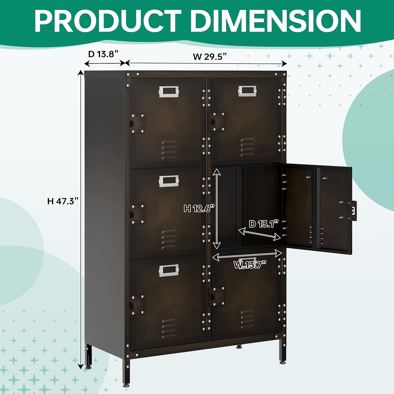 Metal Storage Locker,47" Steel Retro Cabinets 6 Doors Lockable,Adjustable Feet Organizer Cabinets for Employees Home Office School Gym (6 Door)