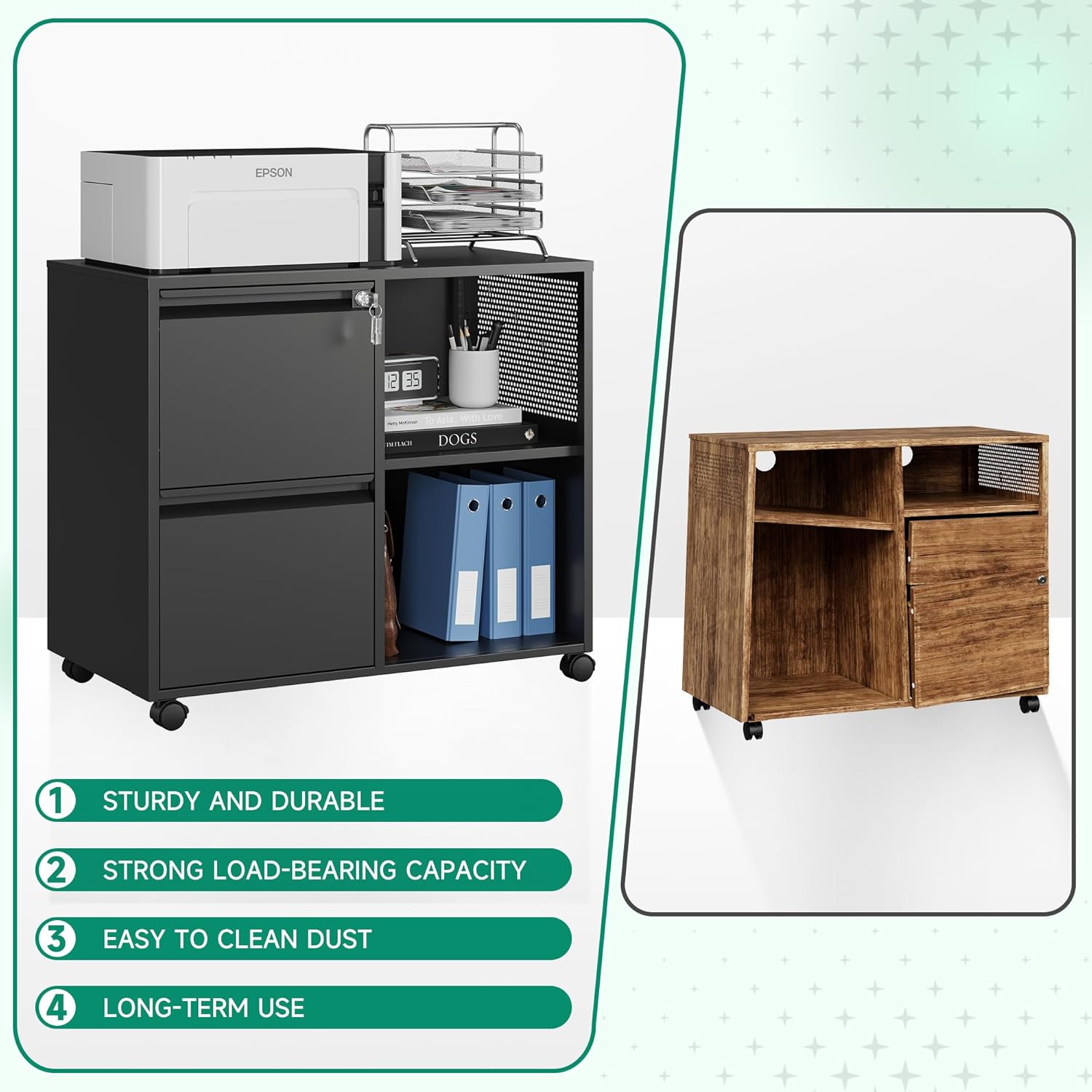 Mobile 3 Drawer File Cabinet with Lock-Metal Lateral Rolling Printer Stand Filing Cabinets for Home Office-Storage A4/F4/Letter (Black)