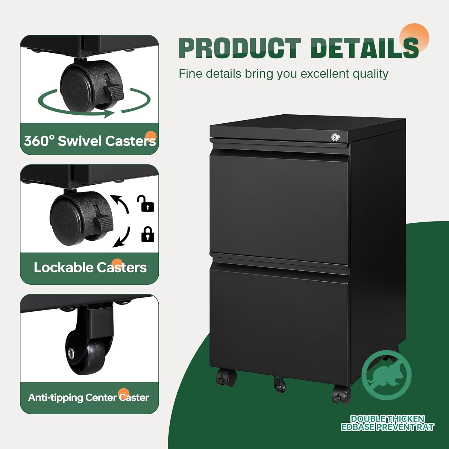 3 Drawer Mobile File Cabinet with Lock,Under Desk Metal Filing Cabinets for Home Office Organizer Letters/Legal/A4((Fully Assembled-Black)