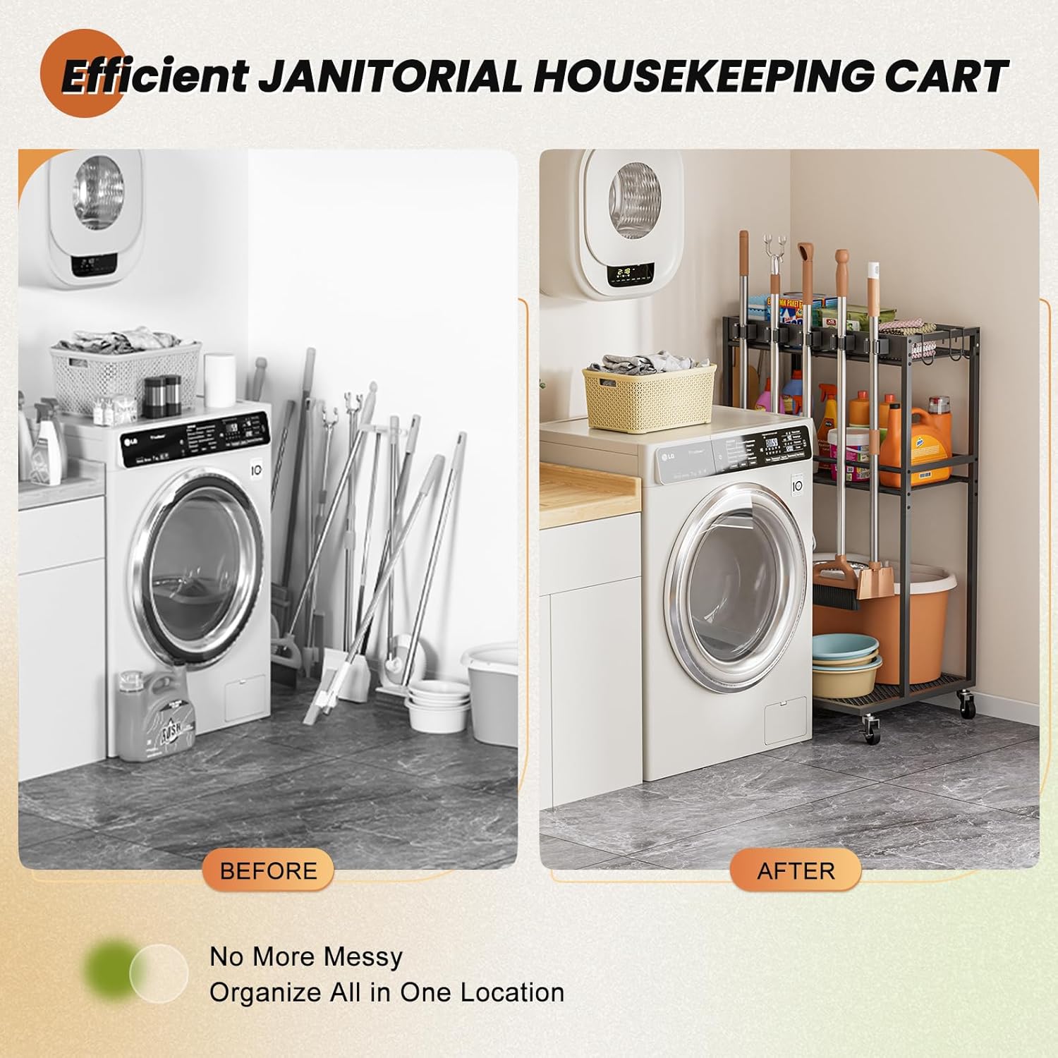 Broom Holder with Cleaning Supplies Organizer, Broom Closet Storage Cabinet with Mop Hanger Gripper Rack Hooks, Cleaning Housekeeping Janitorial Cart with Cleaning Caddy, Laundry Room Organization