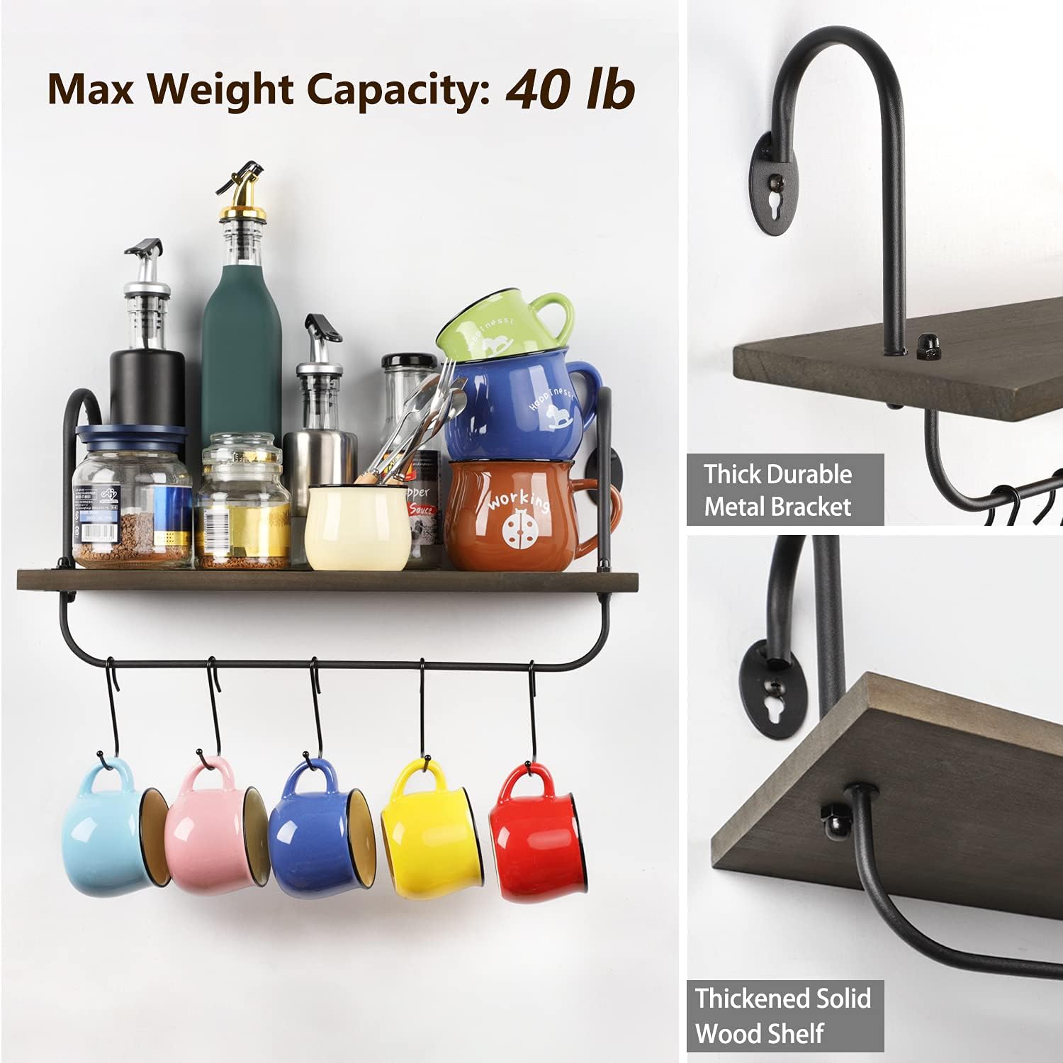 Coffee Mug Cup Holder Wall Mount, Floating Wall Shelves for Coffee Bar Organizer and Decor, Mug Rack Shelf with 10 Hooks for Kitchen Bathroom Coffee Bar Accessories Set of 2 (Carbonized Black)
