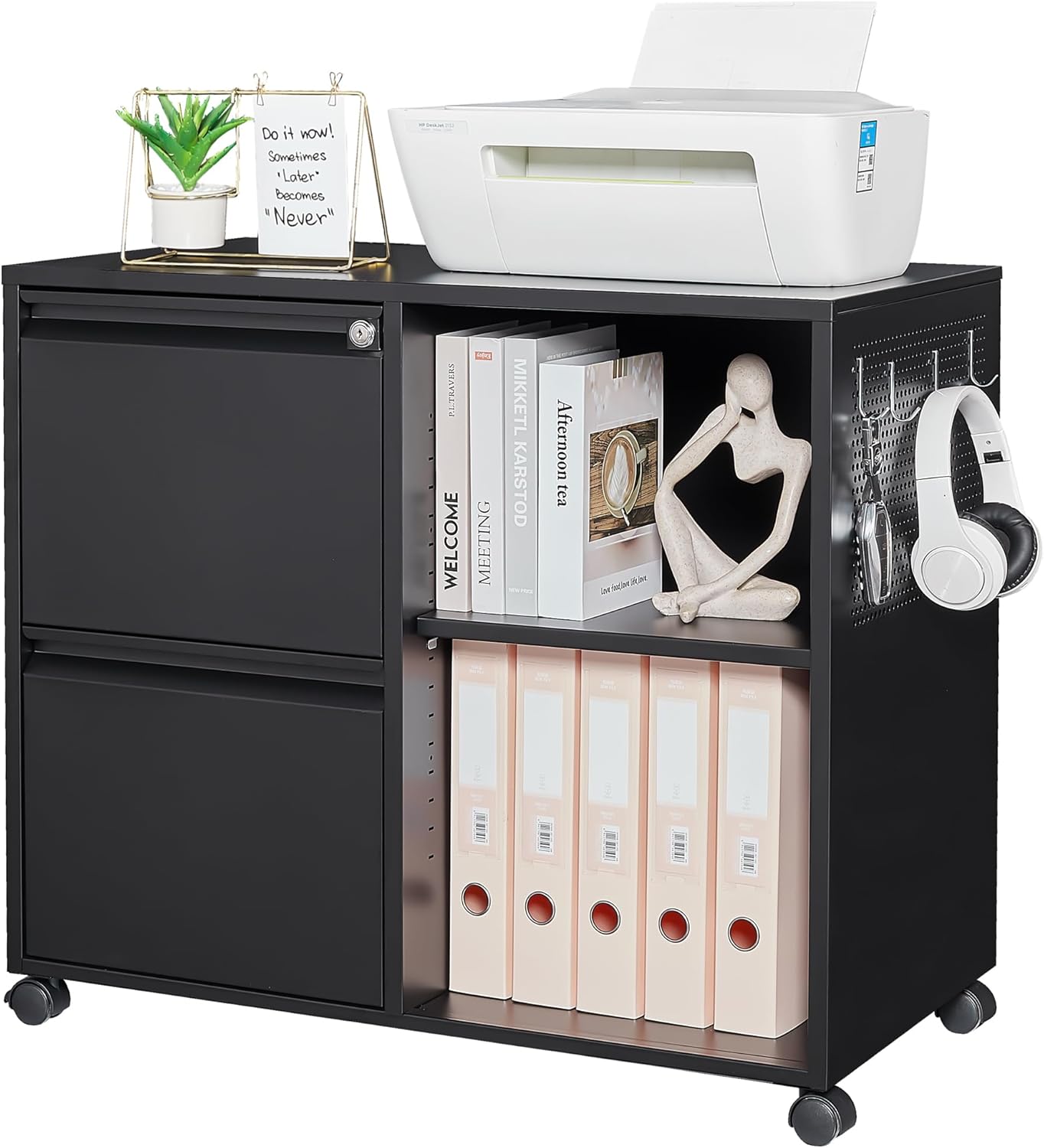 Mobile 3 Drawer File Cabinet with Lock-Metal Lateral Rolling Printer Stand Filing Cabinets for Home Office-Storage A4/F4/Letter (Black)