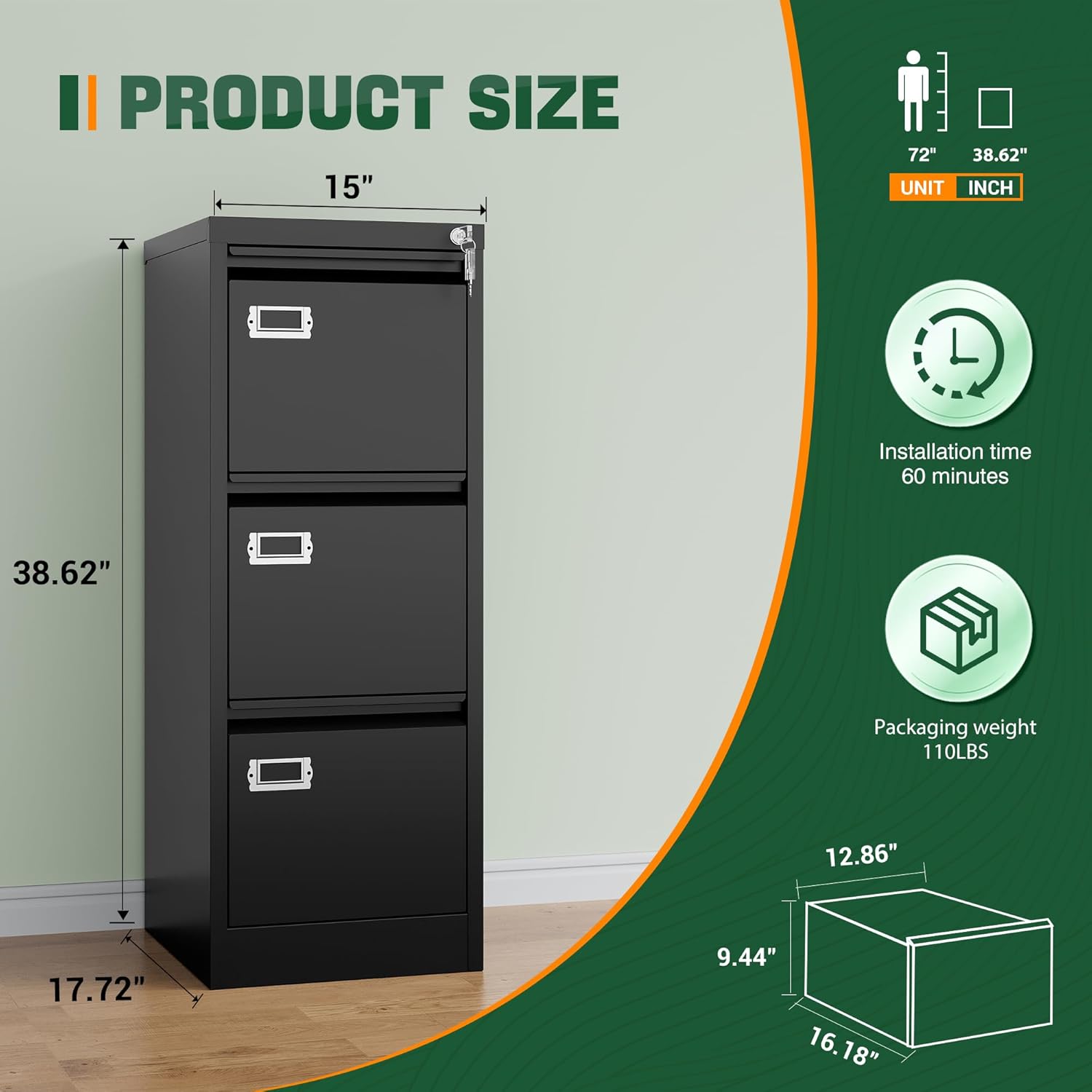 2 Drawer File Cabinet with Lock,Metal Office Small Filing Cabinets for Home Office,Storage Letter,Black-Easy Assemble