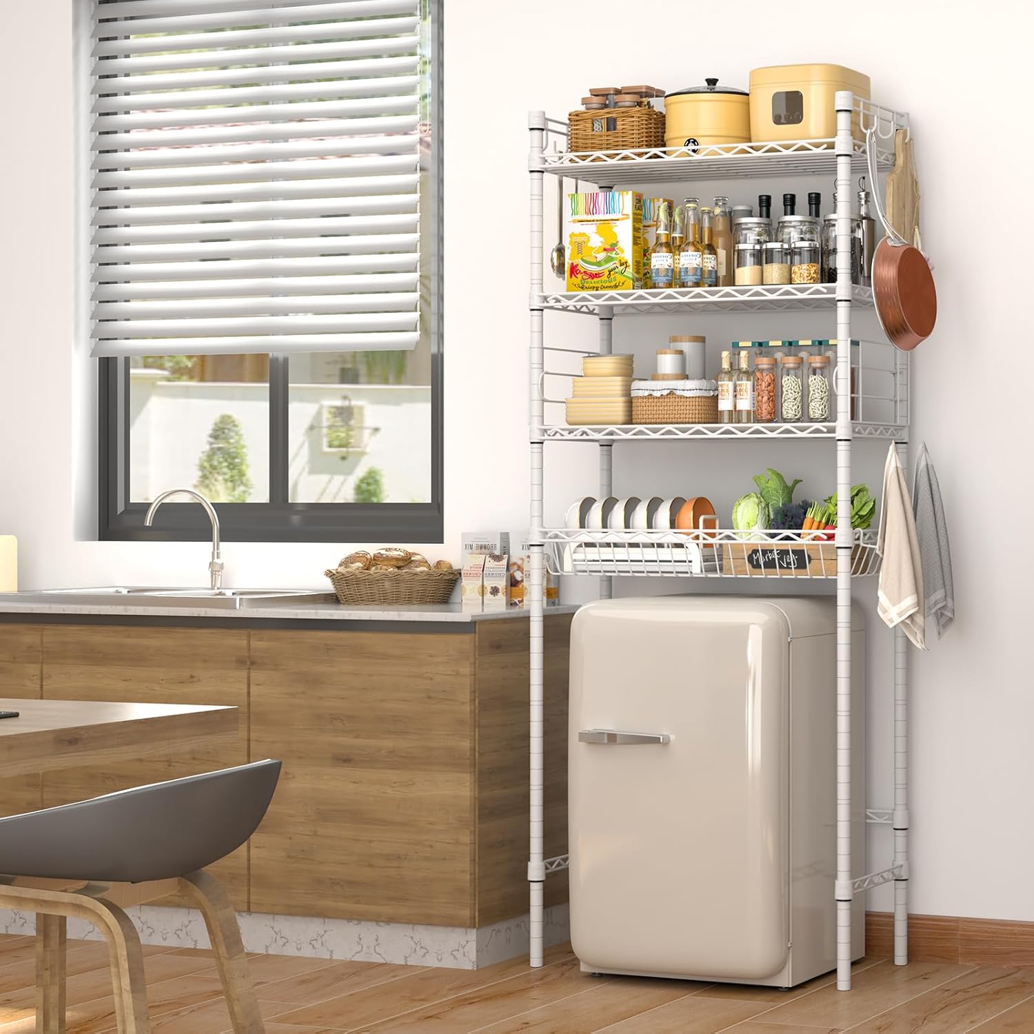 4-Tier Over-the-Toilet Storage Rack, Adjustable Freestanding Bathroom Shelf Organizer with Hooks for Bathroom & Laundry, Black