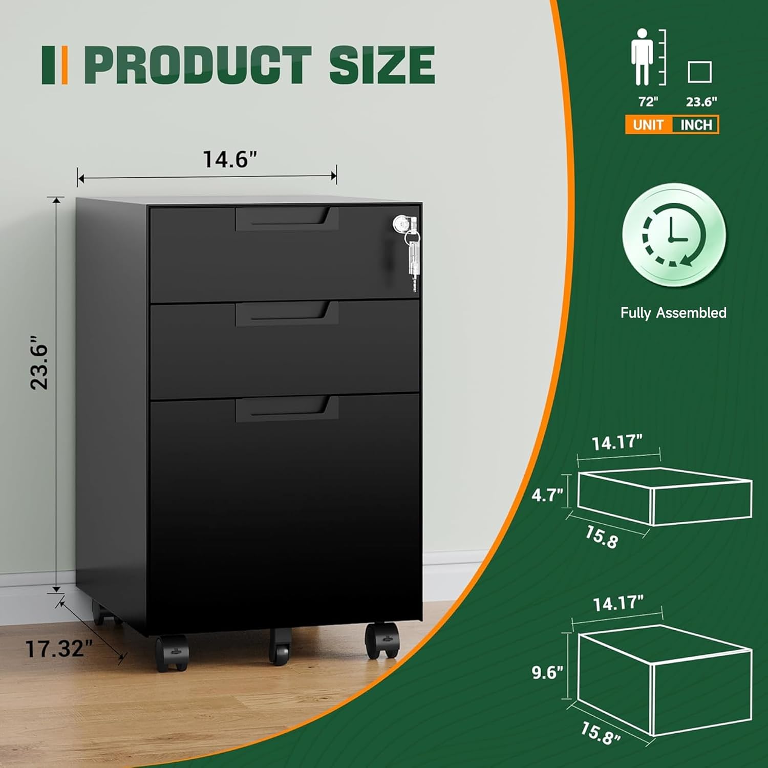 3 Drawer Mobile File Cabinet with Lock,Under Desk Metal Filing Cabinets for Home Office Organizer Letters/Legal/A4((Fully Assembled-Black)