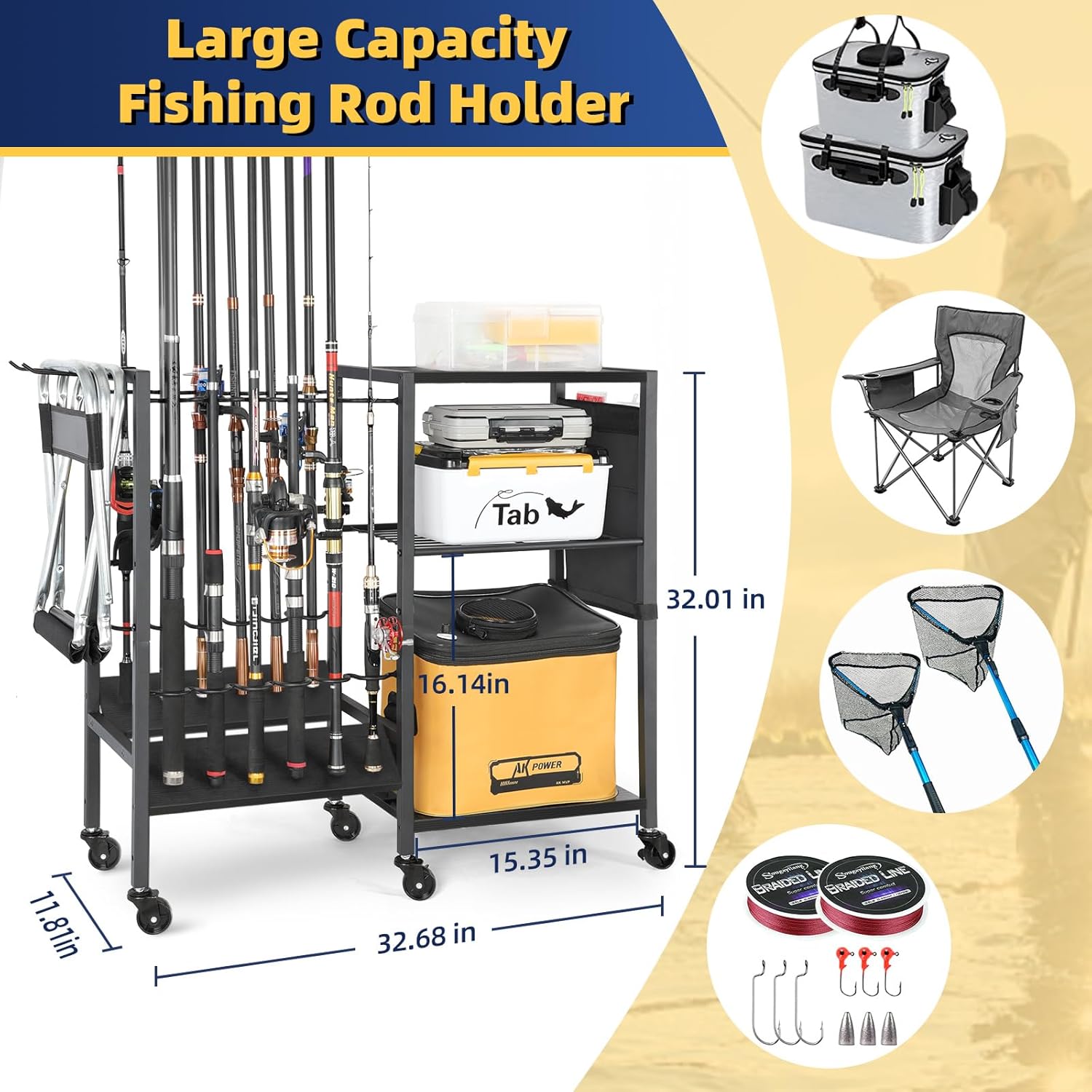 Fishing Rod Holders for Garage, Fishing Pole Holders Rolling Cart with Tackle Storage Organizer for Boat Home Entryway, Equipment Box & Reel Organization, Ideal Gift for Men Dad Anglers