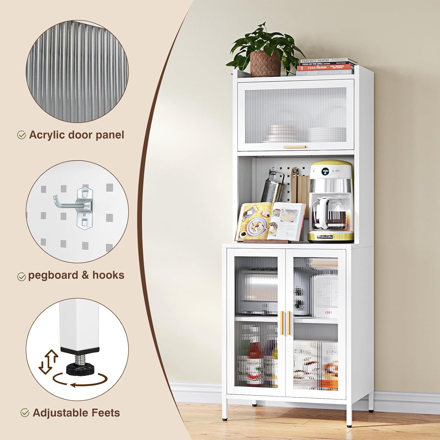 Kitchen Pantry Cabinet,72.6" Tall Kitchen Bakers Rack with Storage, Coffee Hutch with countertop,Metal Microwave Stand with Glass Doors for Dining Room, Laundry, Hallway,White