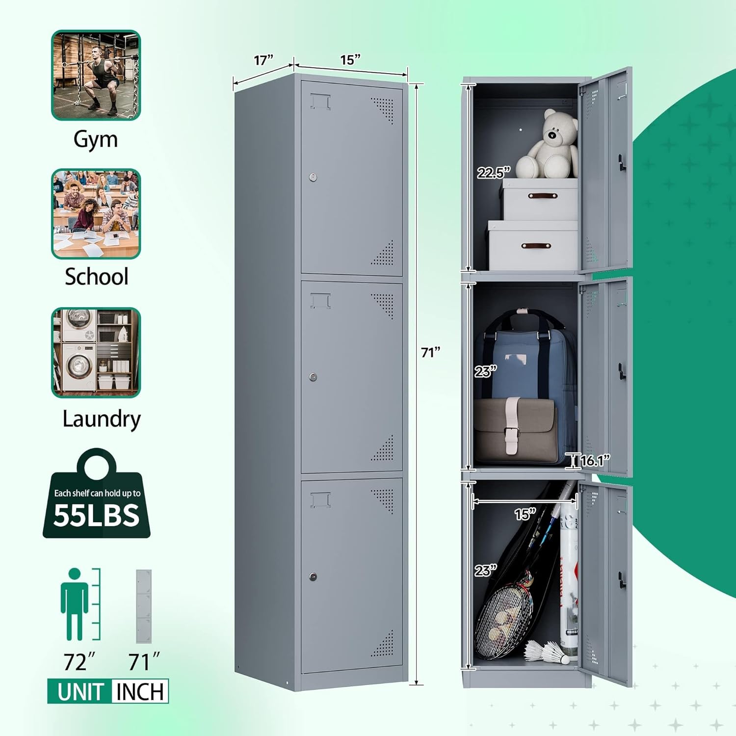 Metal Lockers for Employees,71" Steel Storage Cabinet with 6 Door Lockable for Office Staff,Home,Gym,School (Grey White)