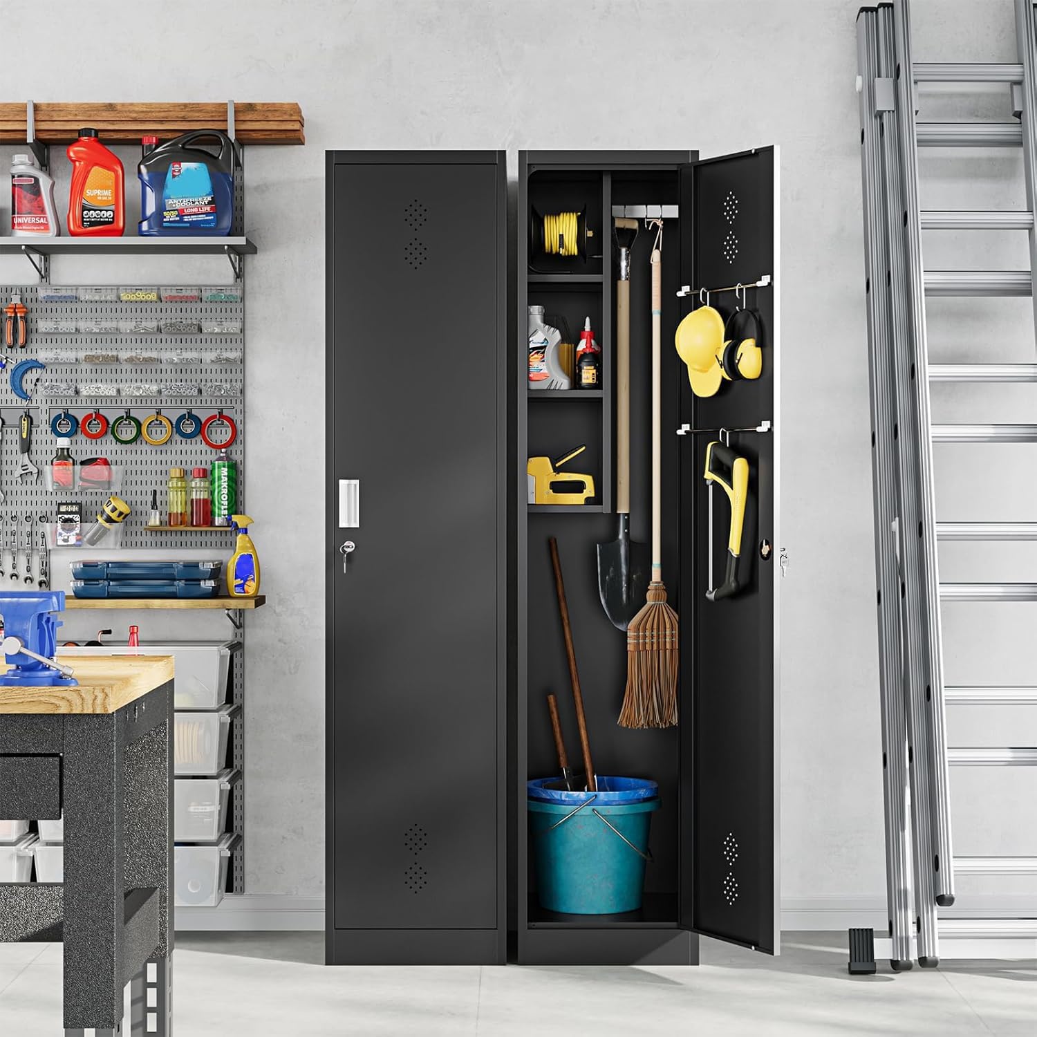 Broom Closet Storage Cabinet,Metal Cleaning Supply Tool Cabinet,Utility Cabinets for Brooms & Mops Black Garage Organization Cabinet for Laundry Room, Bathroom