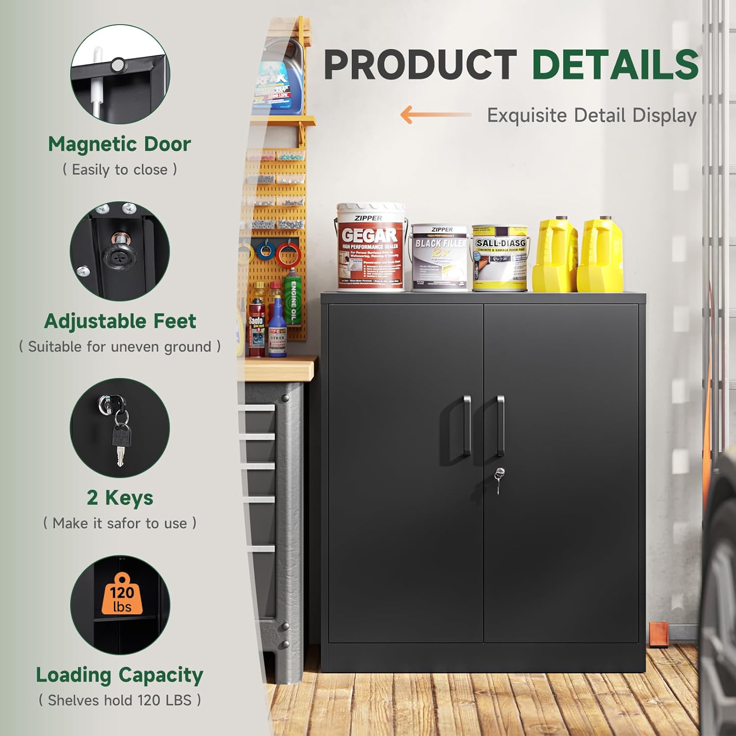 Metal Storage Cabinets with Lock, Small Locker Steel Cabinets, Adjustable Shelves 2 Doors for Home,Office, Warehouse,Garage(Black-36)