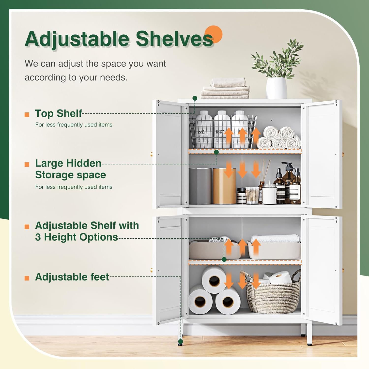 Storage Cabinet with Doors and Shelves,Small Freestanding Bathroom Floor Metal Cabinets -White