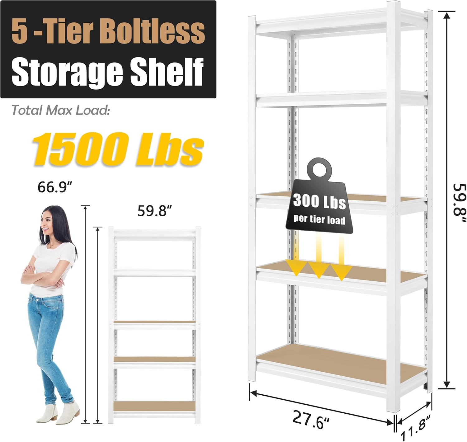 5-Tier Adjustable Bookshelf, Modern Open Storage Shelf for Living Room, Bedroom & Office, 27.6"W x 11.8"D x 59.8"H, White