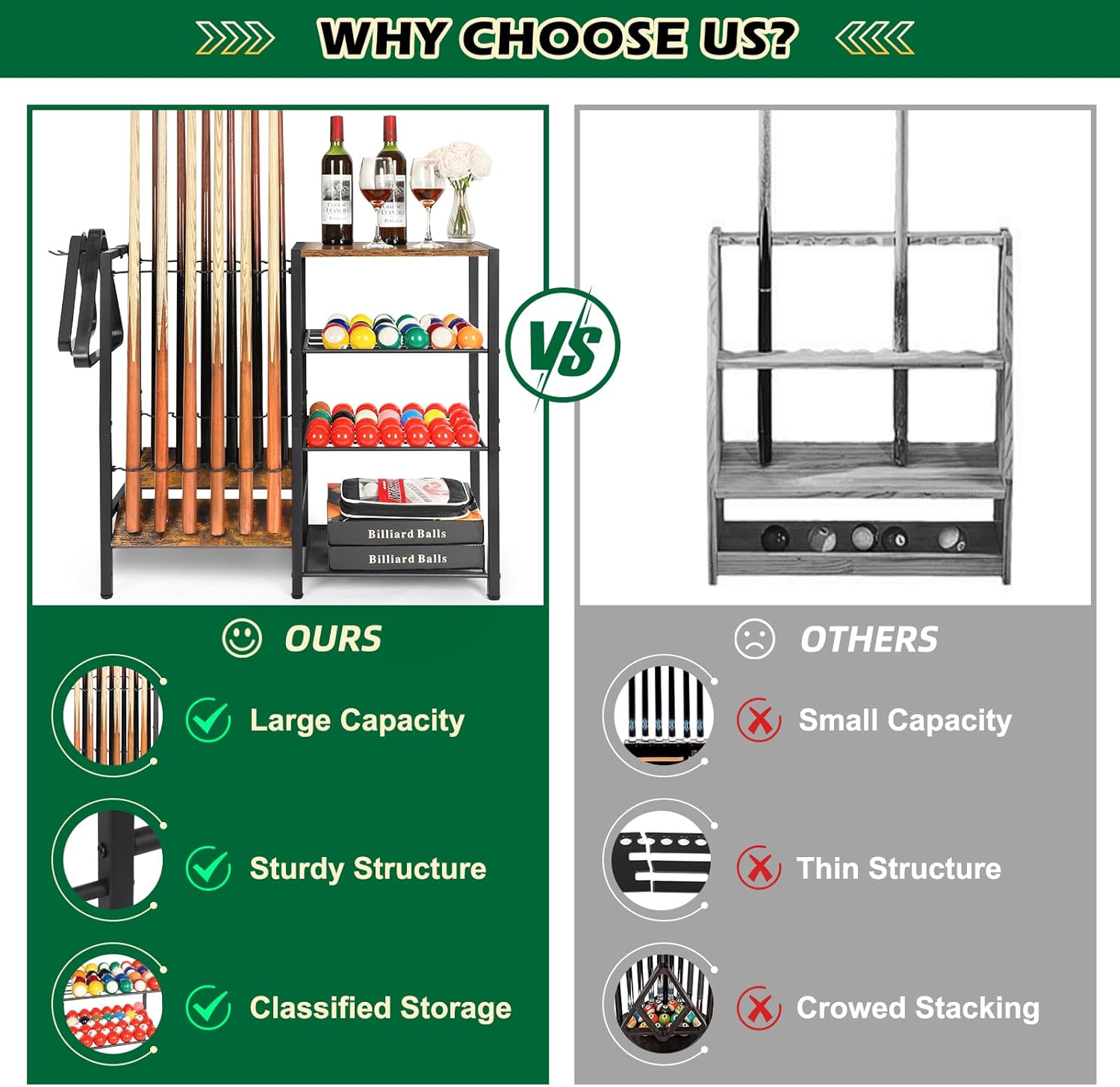 Pool Stick Holder Floor Stand up to 12 Cue Sticks, Pool Cue Holder with Balls Storage, Pool Table Accessories Stand Large Pool Cue Rack Equipment Organizer Cue Stick Holder for Billiard Game Room