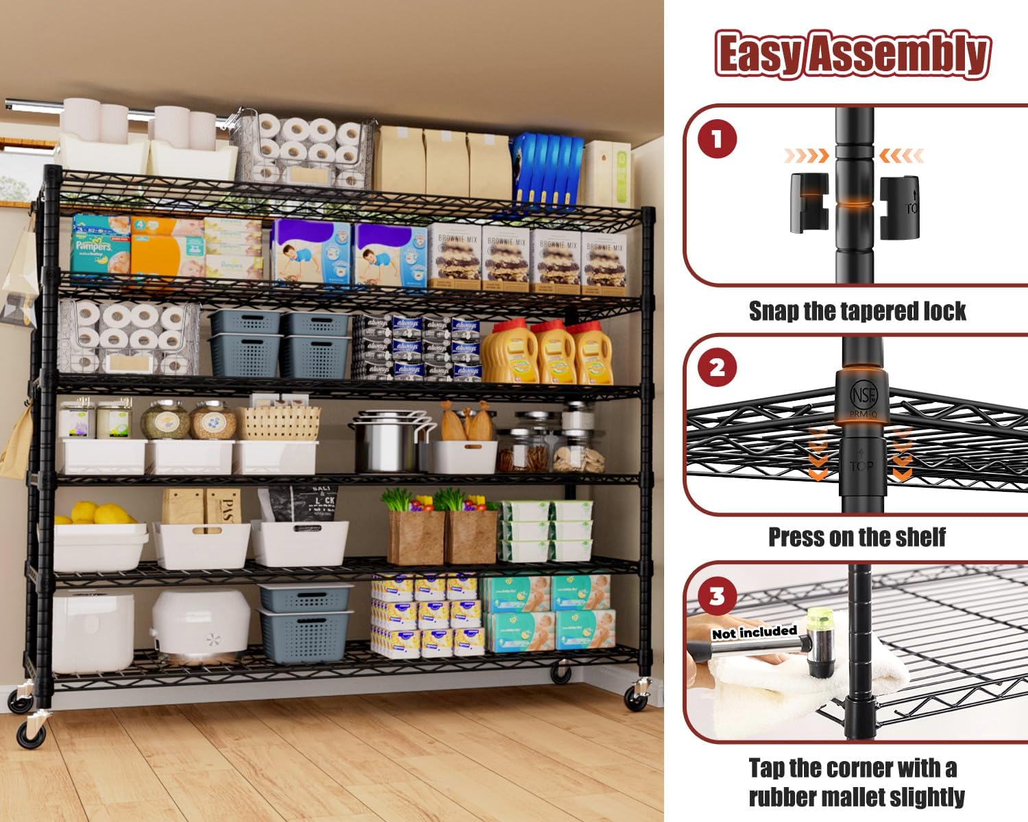 6-Tier Heavy Duty Wire Shelving with Wheels, Adjustable NSF-Certified Steel Storage Rack for Kitchen, Garage & Laundry, 36"W x 16"D x 79"H