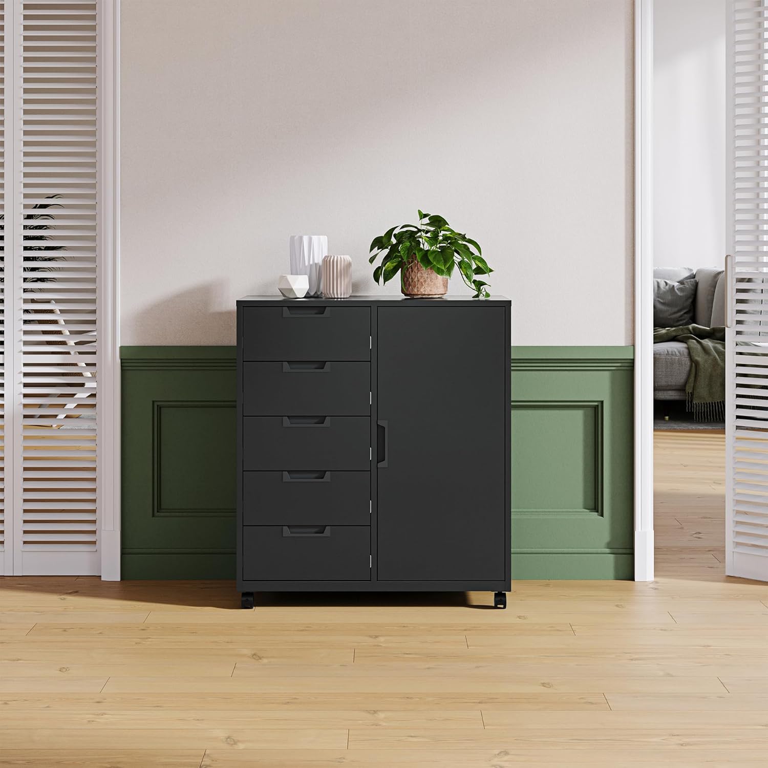 5 Drawer Storage Cabinet, Mobile Printer Stand for Home Office,Dresser Chest with Shelves and Door(Black)