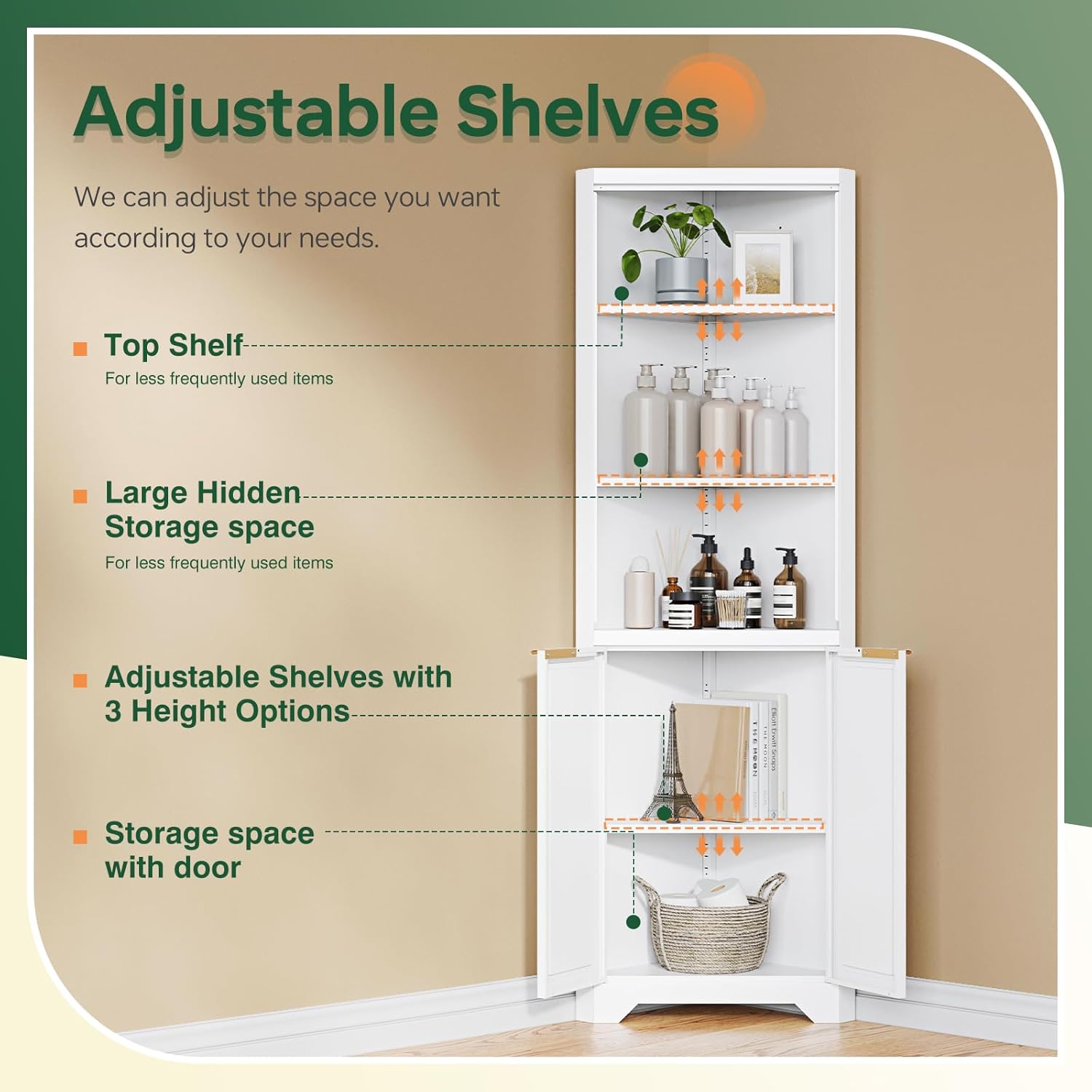 Corner Storage Cabinet with 2 Doors and 3 Shelves,Metal White Tall Corner Cabinets for Home Kitchen