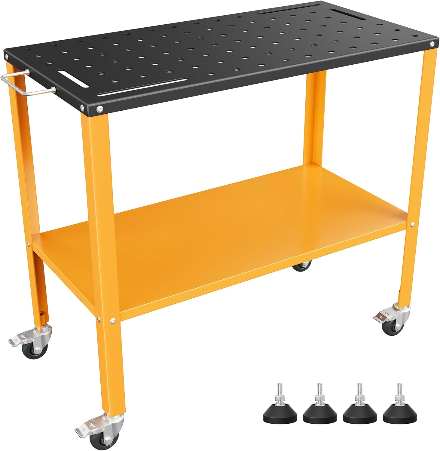 36"W x 18"D Heavy Duty Welding Table, 1200 lbs Steel Welding Workbench with Locking Casters, Storage Tray & Fixture Holes for Garage & Workshop, Black