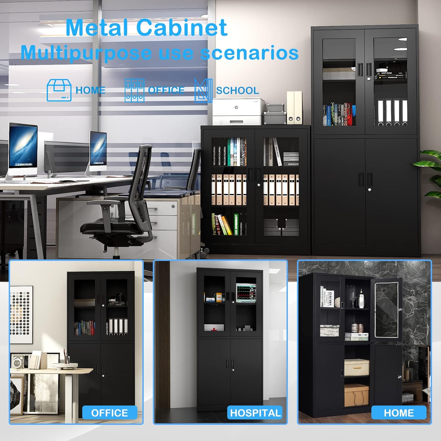 Storage Cabinet with Doors and Shelves,71" Steel Locker Acrylic Glass Door with Lock, for School Home Office