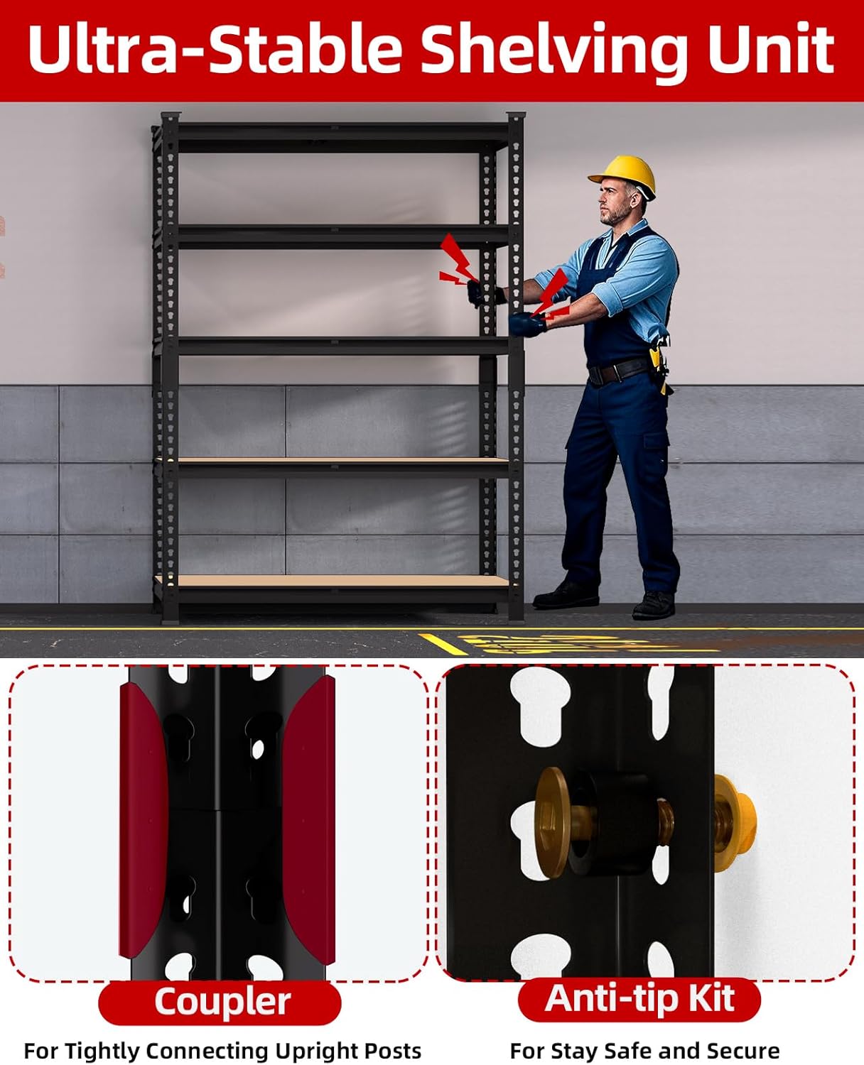 5-Tier Heavy Duty Metal Storage Shelves, Adjustable Utility Rack for Garage, Pantry & Closet, 28"W x 12"D x 59"H, Black