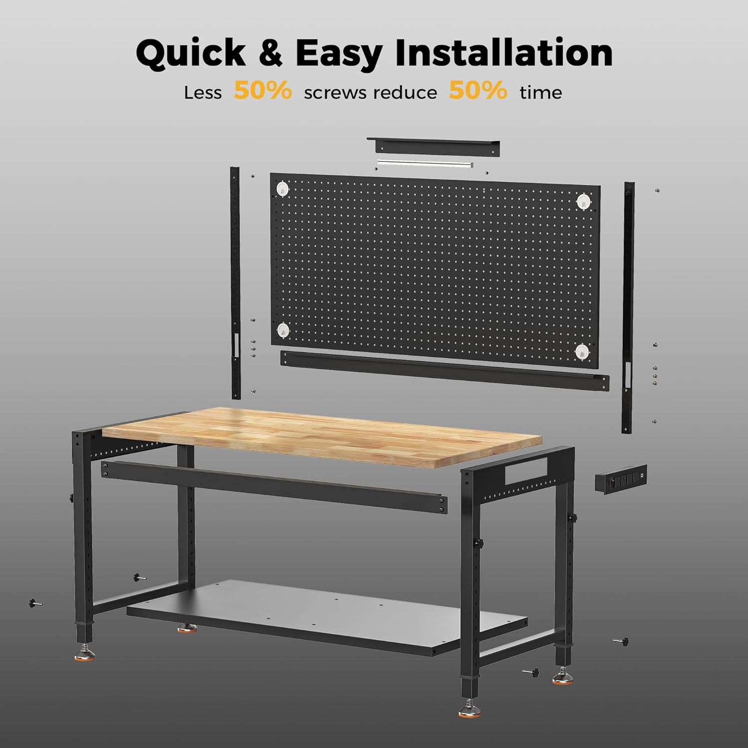 48" Adjustable Heavy Duty Workbench, 2000 lbs Load Rubberwood Work Table with Storage Shelf, Pegboard, LED Light & Power Strip for Garage & Woodworking Shop