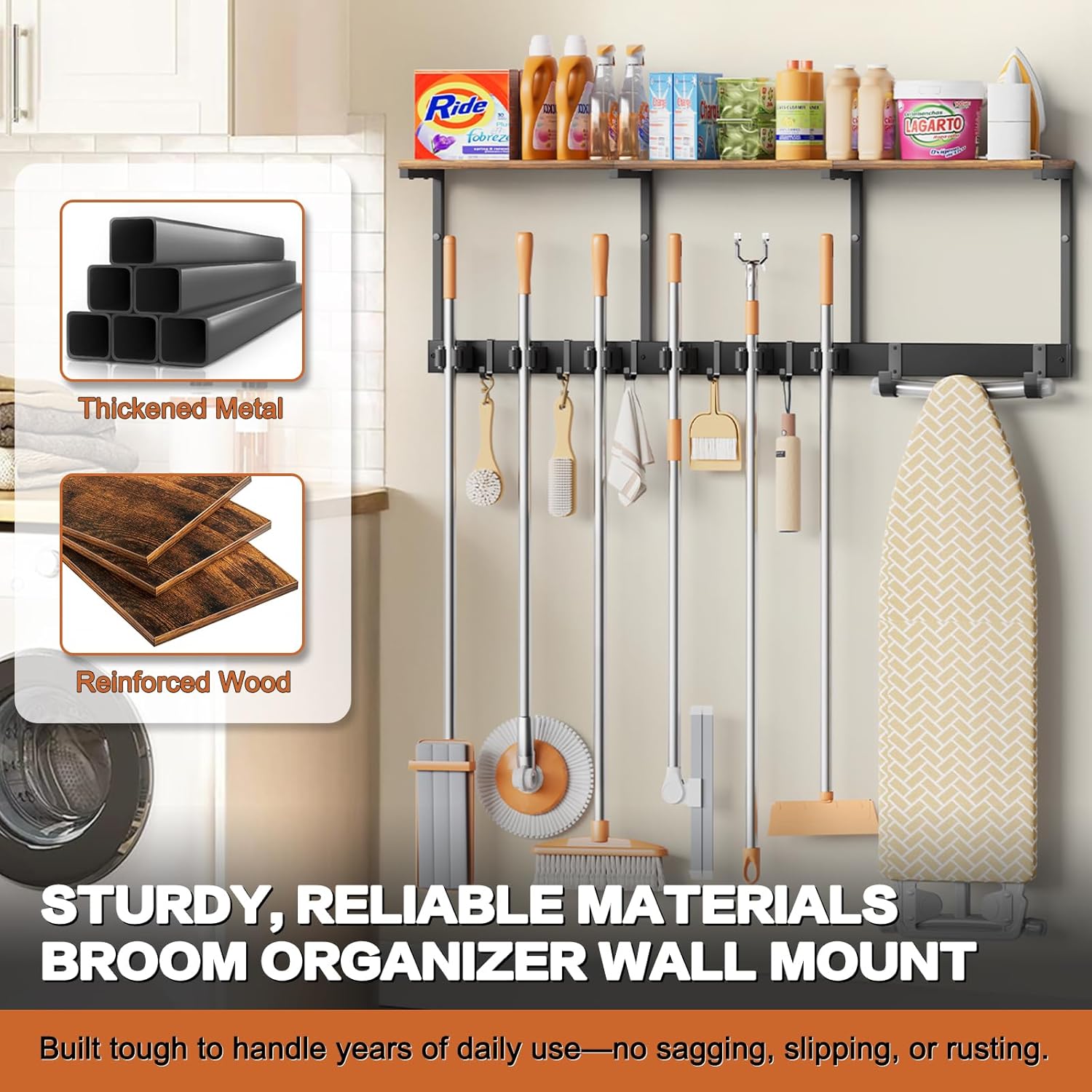 Broom Holder Wall Mount with Cleaning Supplies Organizer, Laundry Room Organization and Storage Shelves with Ironing Board Holder, Mop Hanger Broom Rack with Hooks, Home Improvement Garage Organizer