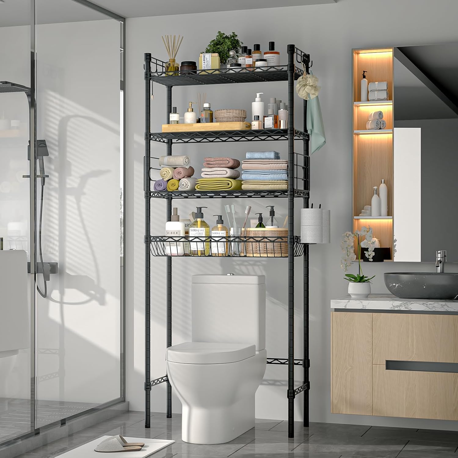 4-Tier Over-the-Toilet Storage Rack, Adjustable Freestanding Bathroom Shelf Organizer with Hooks for Bathroom & Laundry, Black