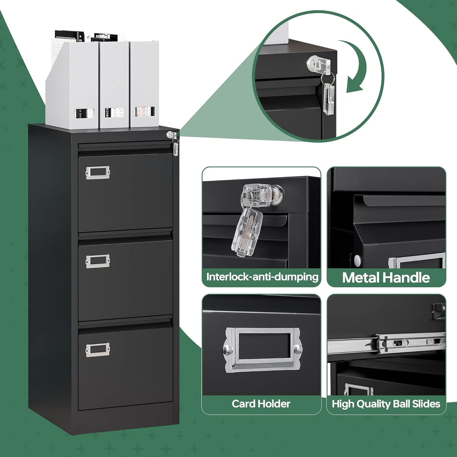 2 Drawer File Cabinet with Lock,Metal Office Small Filing Cabinets for Home Office,Storage Letter,Black-Easy Assemble