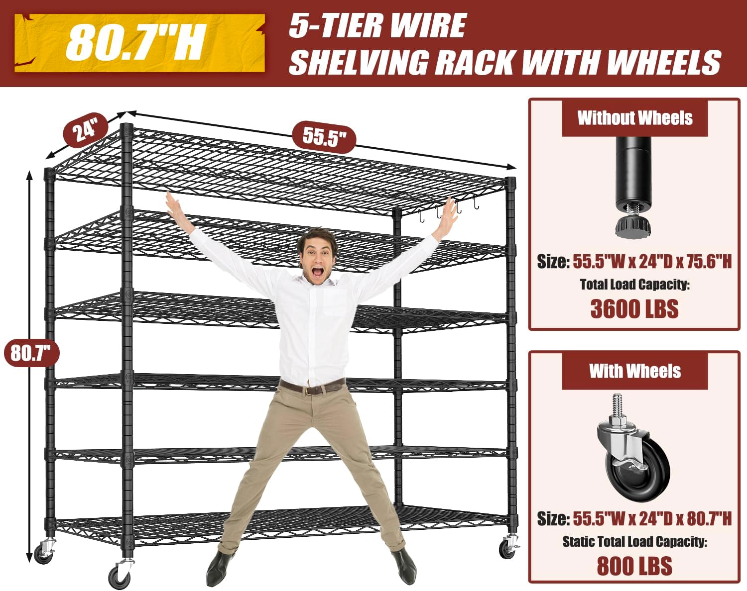 6-Tier Heavy Duty Wire Shelving with Wheels, Adjustable NSF-Certified Steel Storage Rack for Kitchen, Garage & Laundry, 36"W x 16"D x 79"H