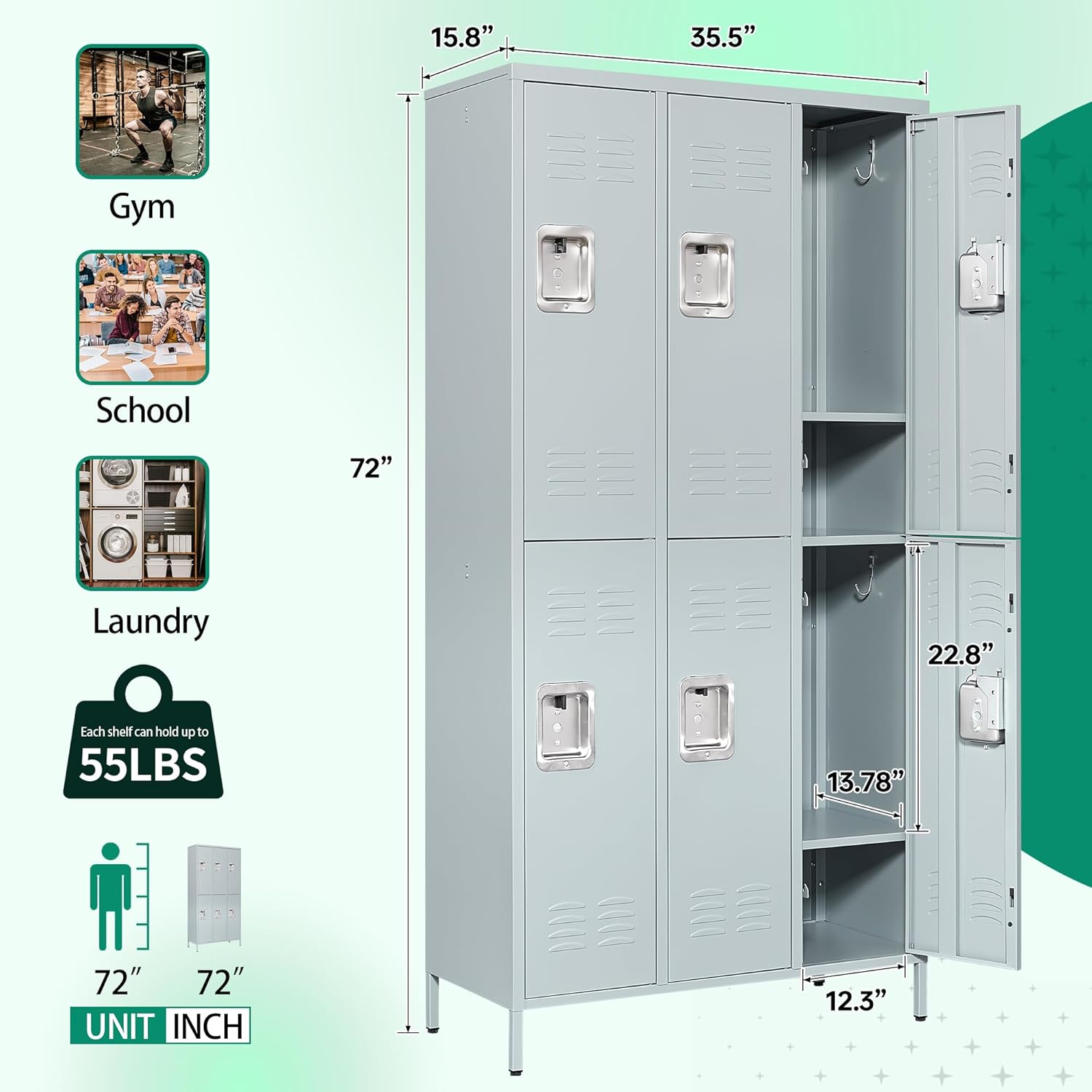 Metal Lockers for Employees-6 Door Storage Locker with Shelves and Lockable Steel Cabinet for School,Gym,Office,Staff (Gray, 6 Door)