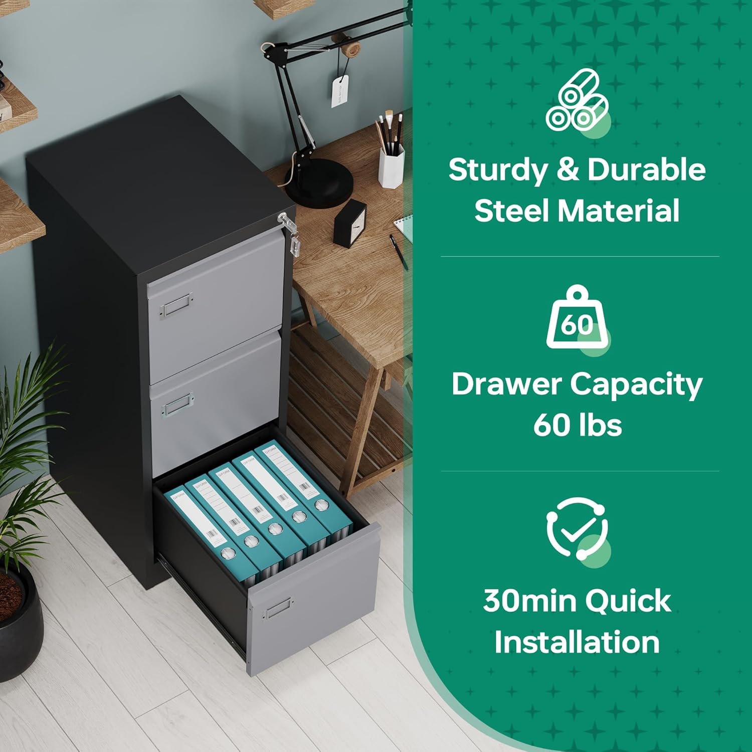 2 Drawer File Cabinet with Lock,Metal Office Small Filing Cabinets for Home Office,Storage Letter,Black-Easy Assemble