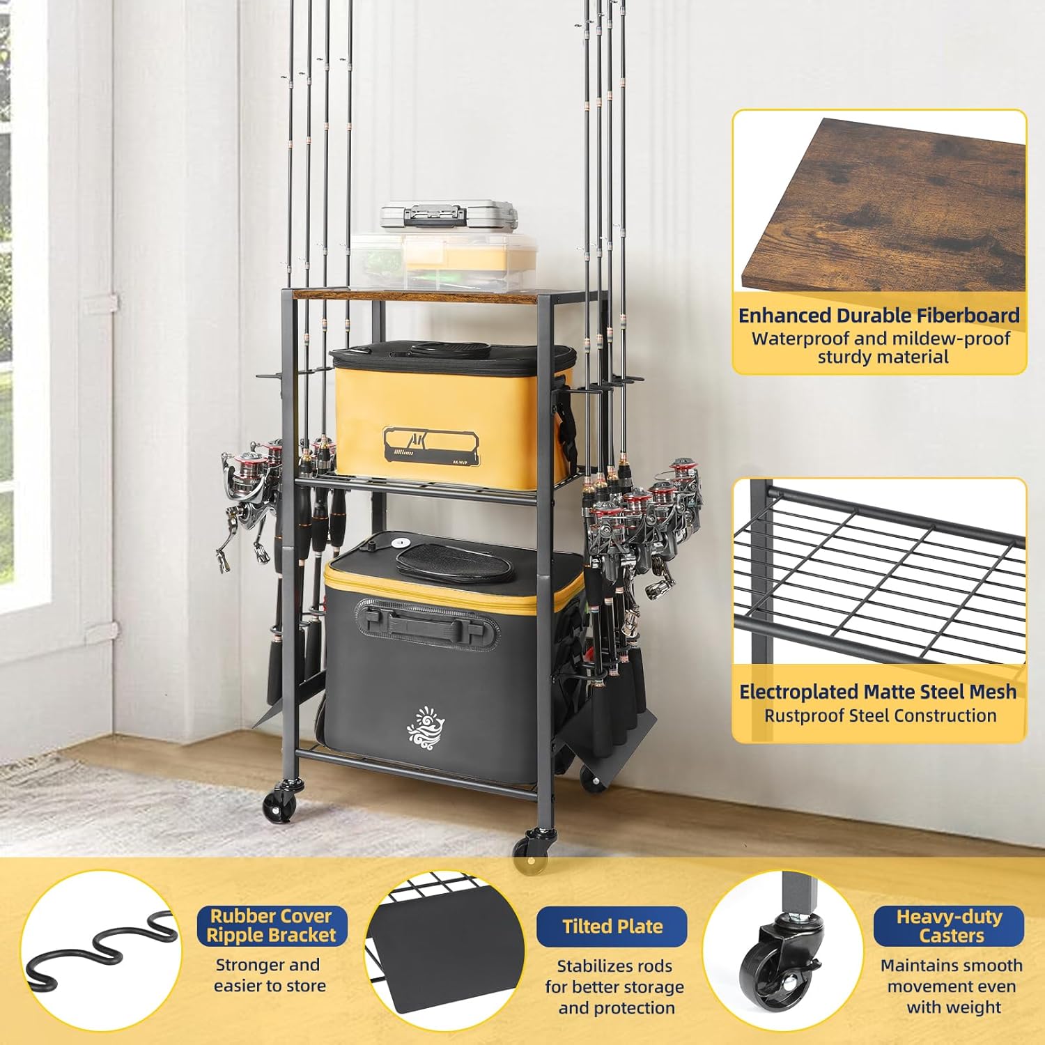 Fishing Rod Holders for Garage, Fishing Pole Holders Rolling Cart with Tackle Storage Organizer for Boat Home Entryway, Equipment Box & Reel Organization, Ideal Gift for Men Dad Anglers