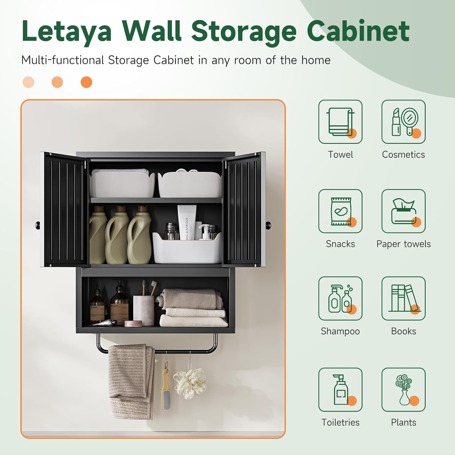 Metal Bathroom Wall Cabinet with 2 Doors,Medicine Cabinet with Towel Rack,Wall Mounted Storage Cabinet (Black)