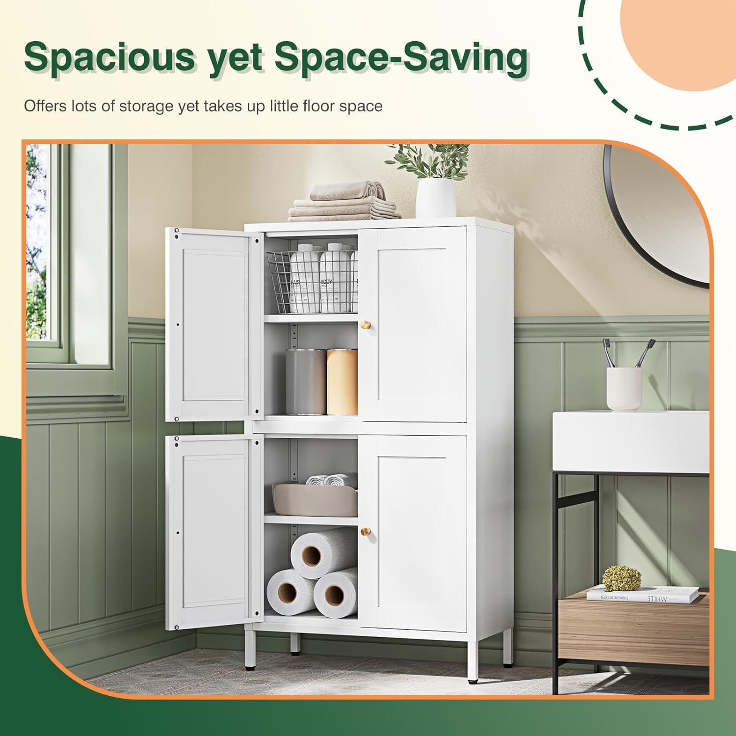 Storage Cabinet with Doors and Shelves,Small Freestanding Bathroom Floor Metal Cabinets -White