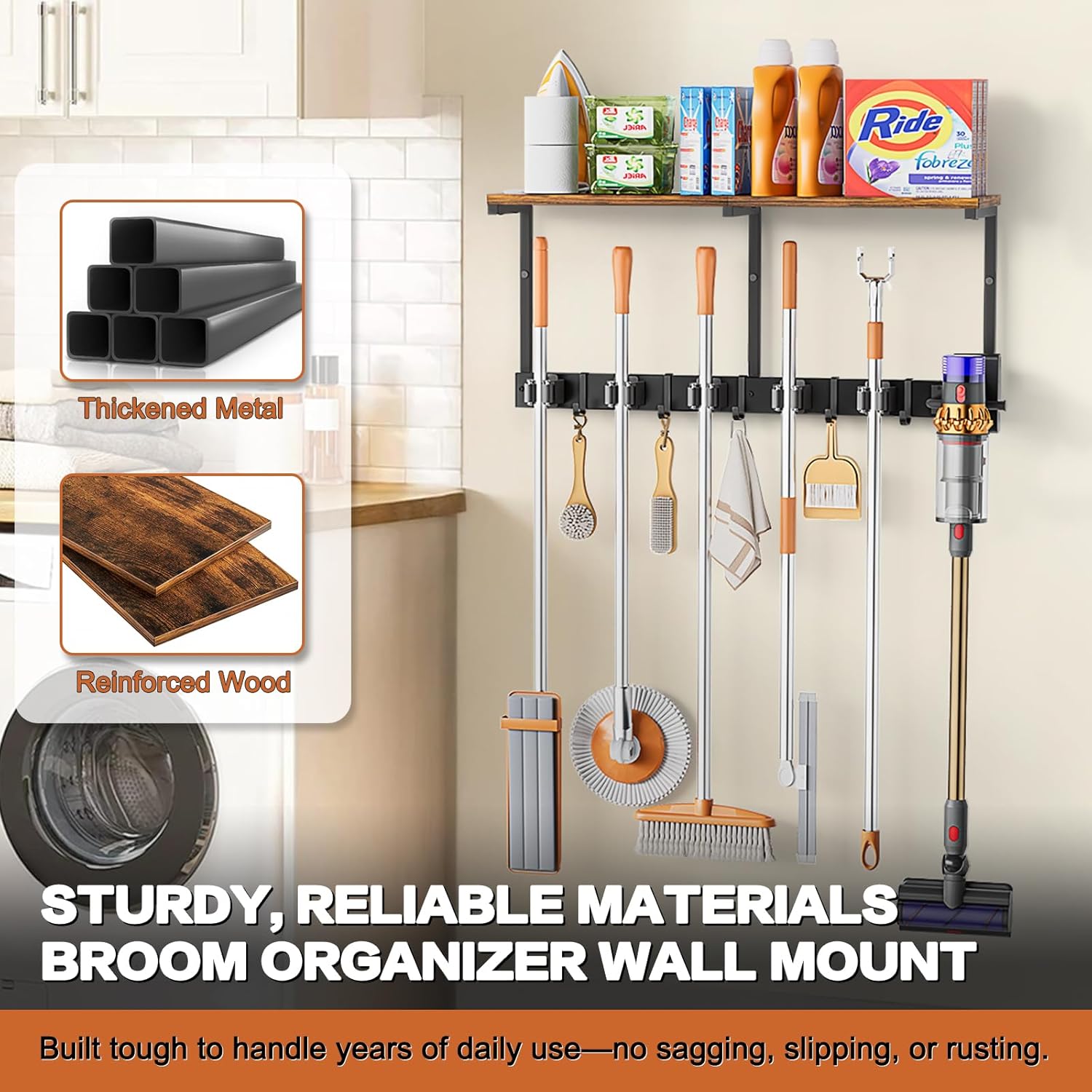 Broom Holder Wall Mount with Cleaning Supplies Organizer, Laundry Room Organization and Storage Shelves with Ironing Board Holder, Mop Hanger Broom Rack with Hooks, Home Improvement Garage Organizer