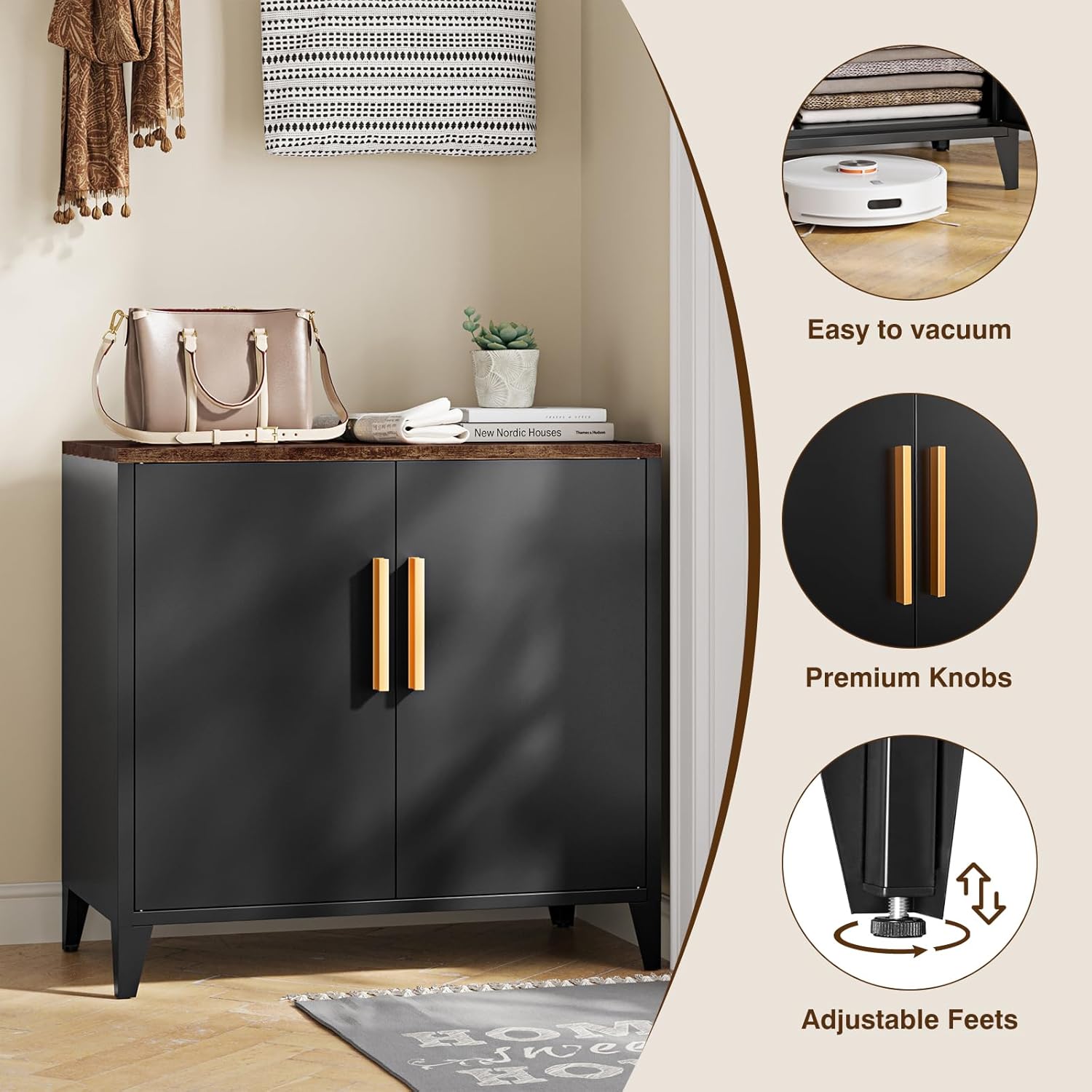 Metal Storage Cabinet with 2 Doors and Shelves 16" Dx 32" Wx30 H,Small Buffet Sideboard Short Cabinet for Kitchen Dining,Office Credenza Locker Modern Coffee Bar,Entryway Bathroom(Black)