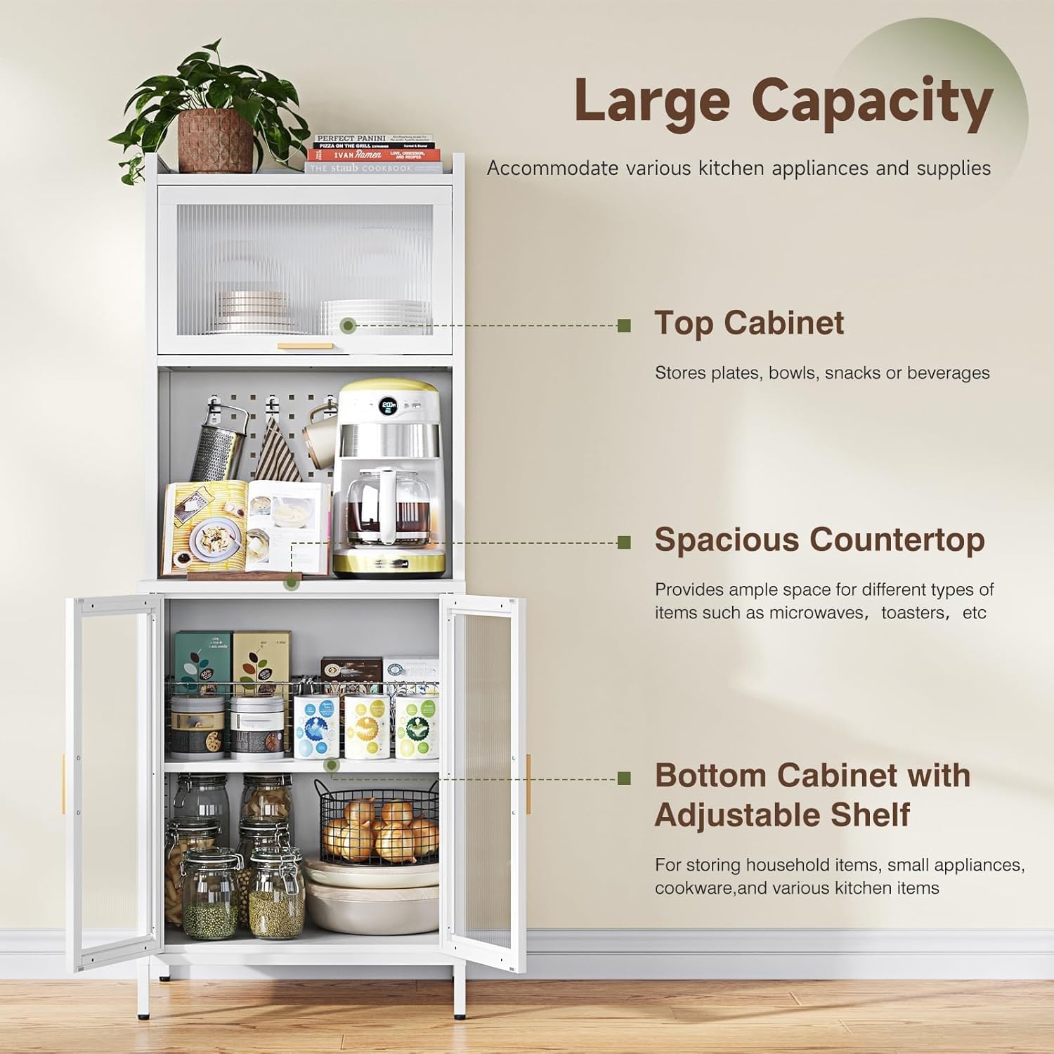 Kitchen Pantry Cabinet,72.6" Tall Kitchen Bakers Rack with Storage, Coffee Hutch with countertop,Metal Microwave Stand with Glass Doors for Dining Room, Laundry, Hallway,White