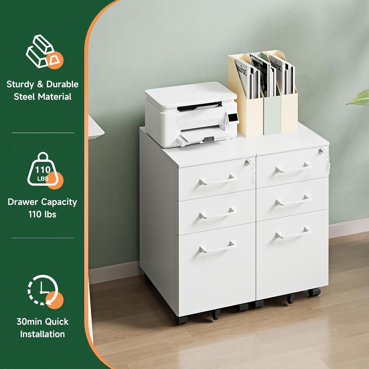 3 Drawer Mobile File Cabinet with Lock,Under Desk Metal Filing Cabinets for Home Office Organizer,Small Rolling Printer Stand with Wheels,for Letters/Legal/A4(Assembly Required) (White)