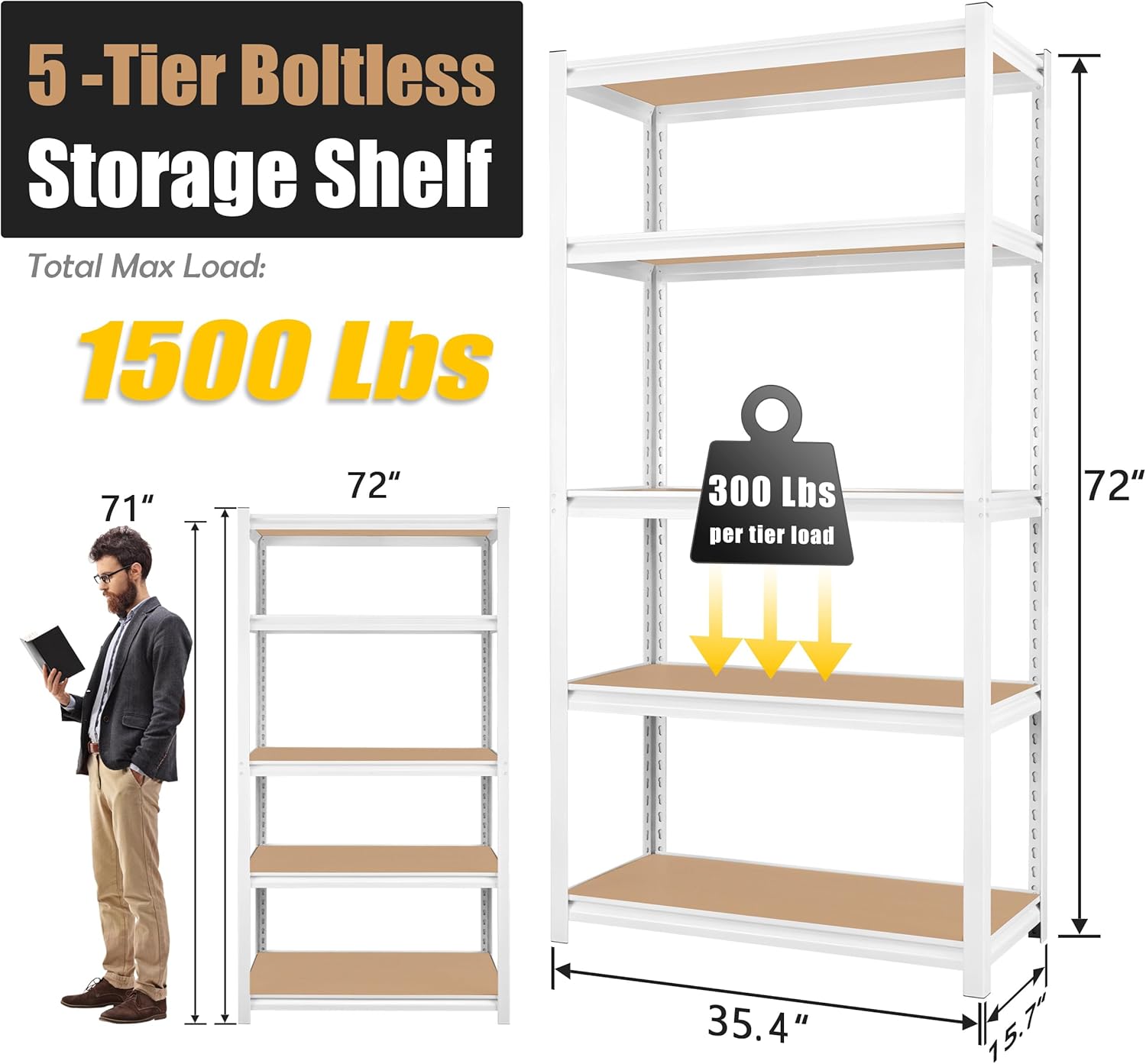 5-Tier Adjustable Bookshelf, Modern Open Storage Shelf for Living Room, Bedroom & Office, 27.6"W x 11.8"D x 59.8"H, White