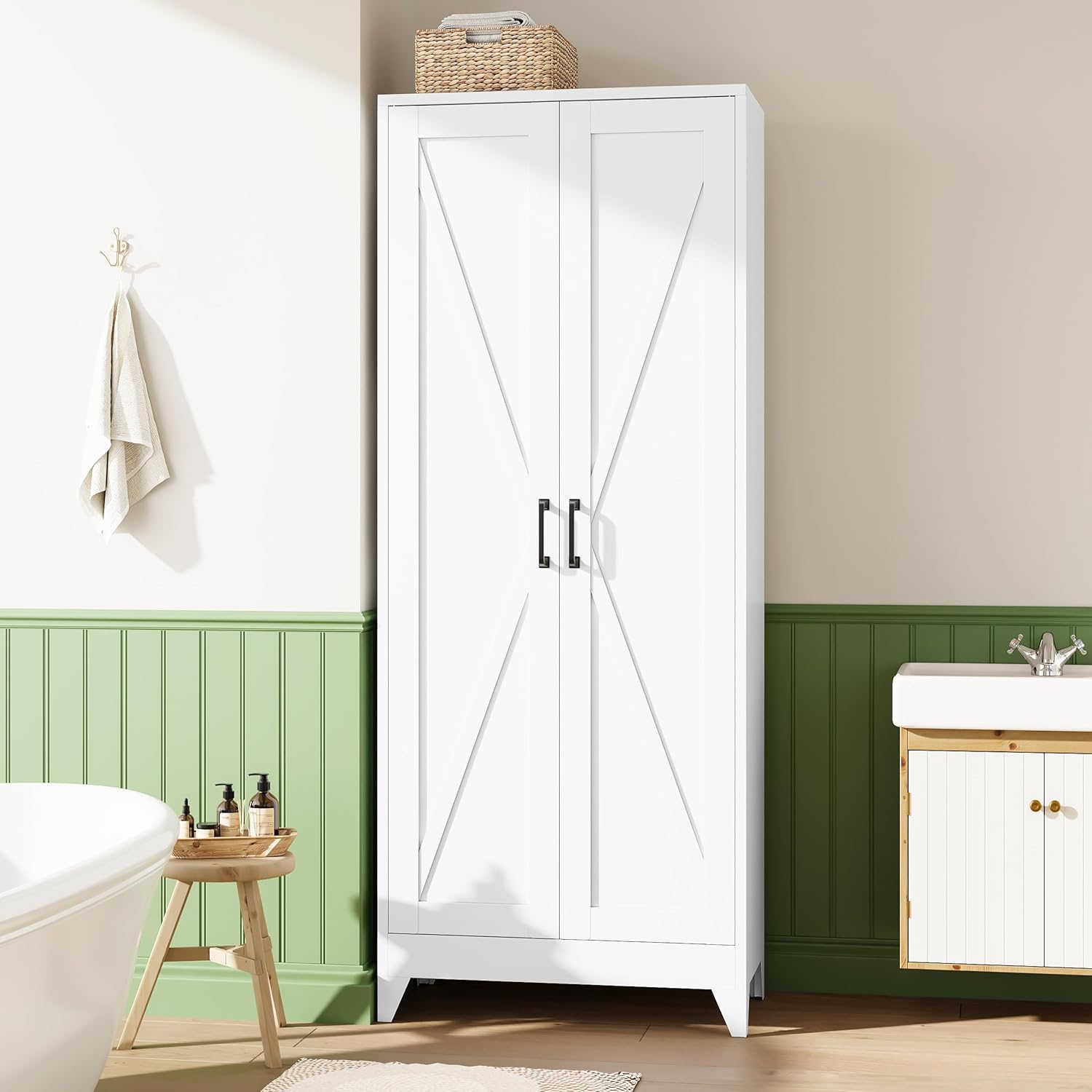Storage Cabinet with Doors and Shelves,Small Freestanding Bathroom Floor Metal Cabinets -White