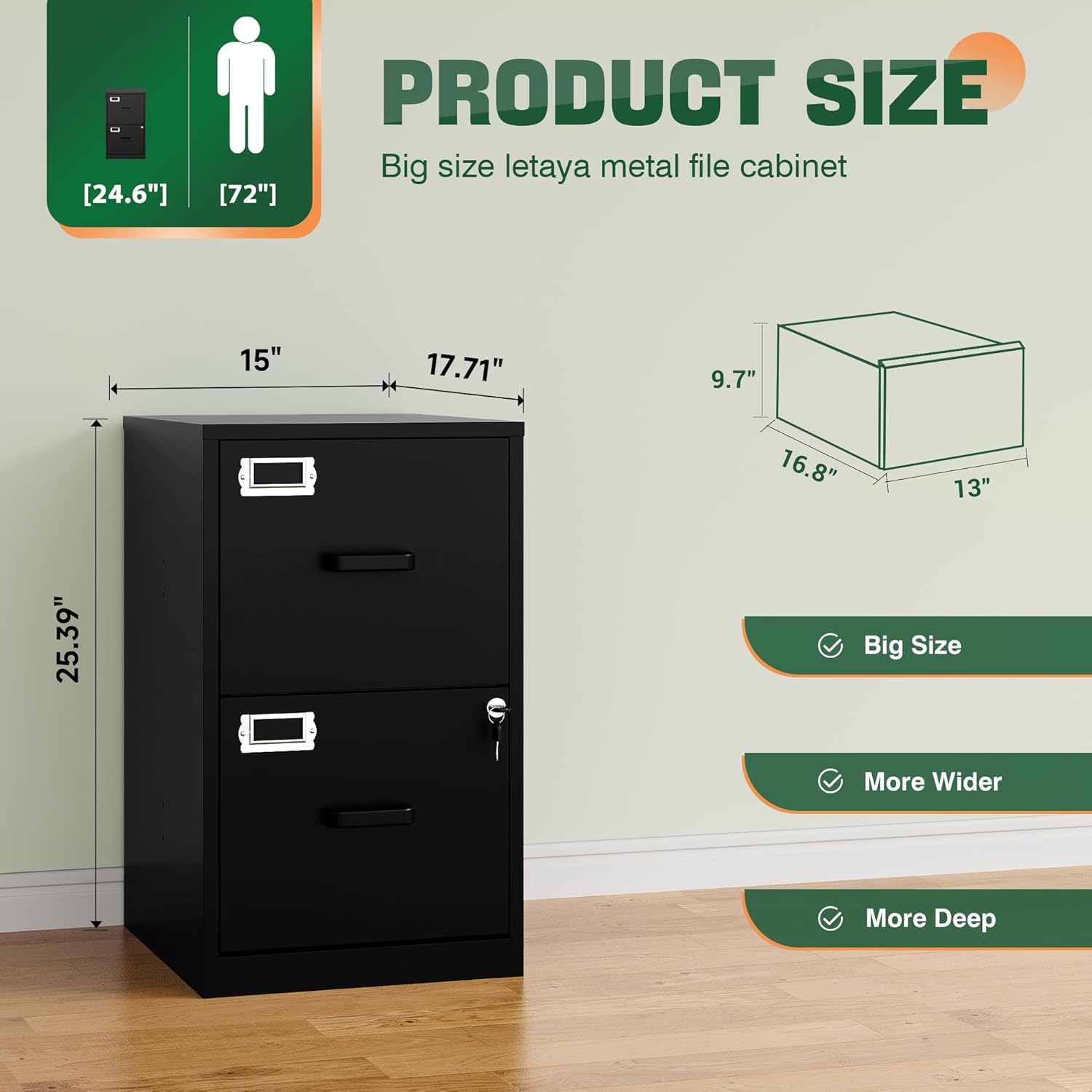 2 Drawer File Cabinet with Lock,Metal Office Small Filing Cabinets for Home Office,Storage Letter,Black-Easy Assemble