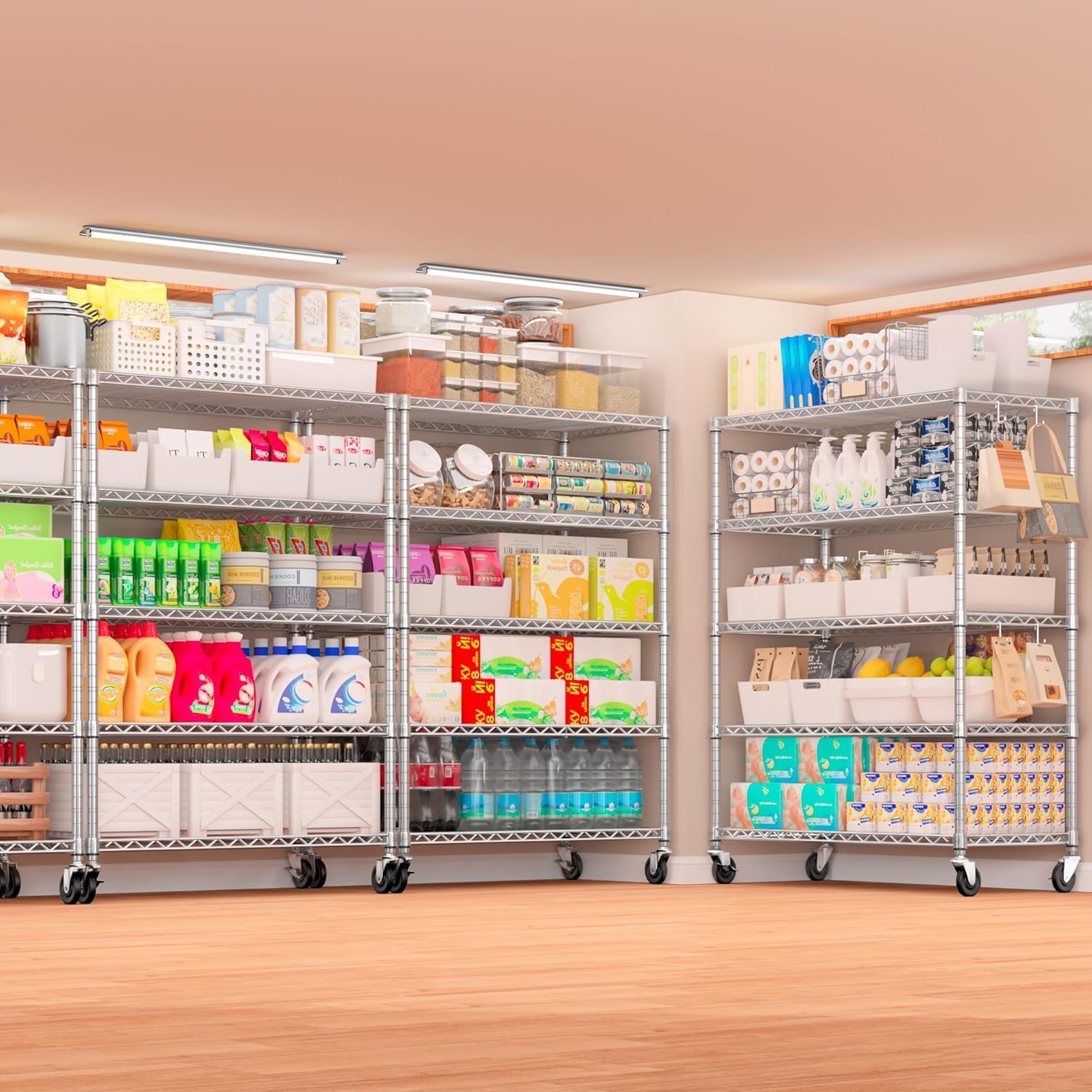 5-Tier Heavy Duty Wire Shelving with Wheels, Adjustable NSF-Certified Rolling Storage Rack for Kitchen, Garage & Laundry, 36"W x 14"D x 74"H