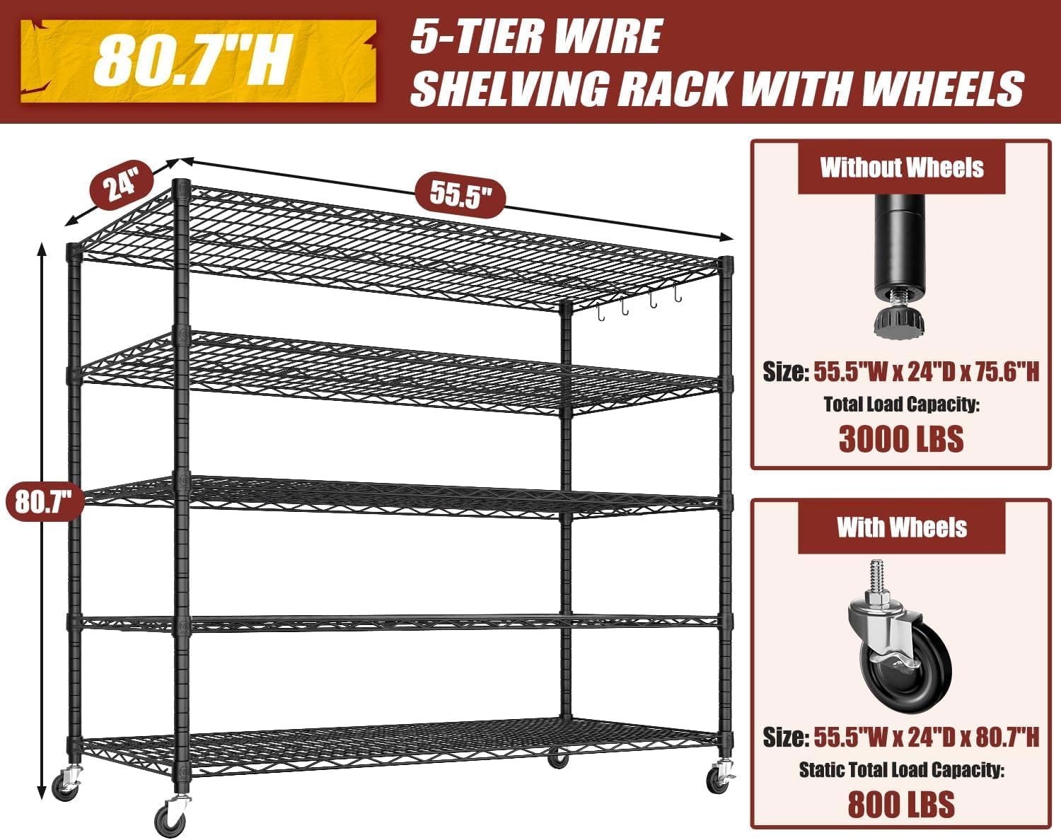 6-Tier Heavy Duty Wire Shelving with Wheels, Adjustable NSF-Certified Steel Storage Rack for Kitchen, Garage & Laundry, 36"W x 16"D x 79"H